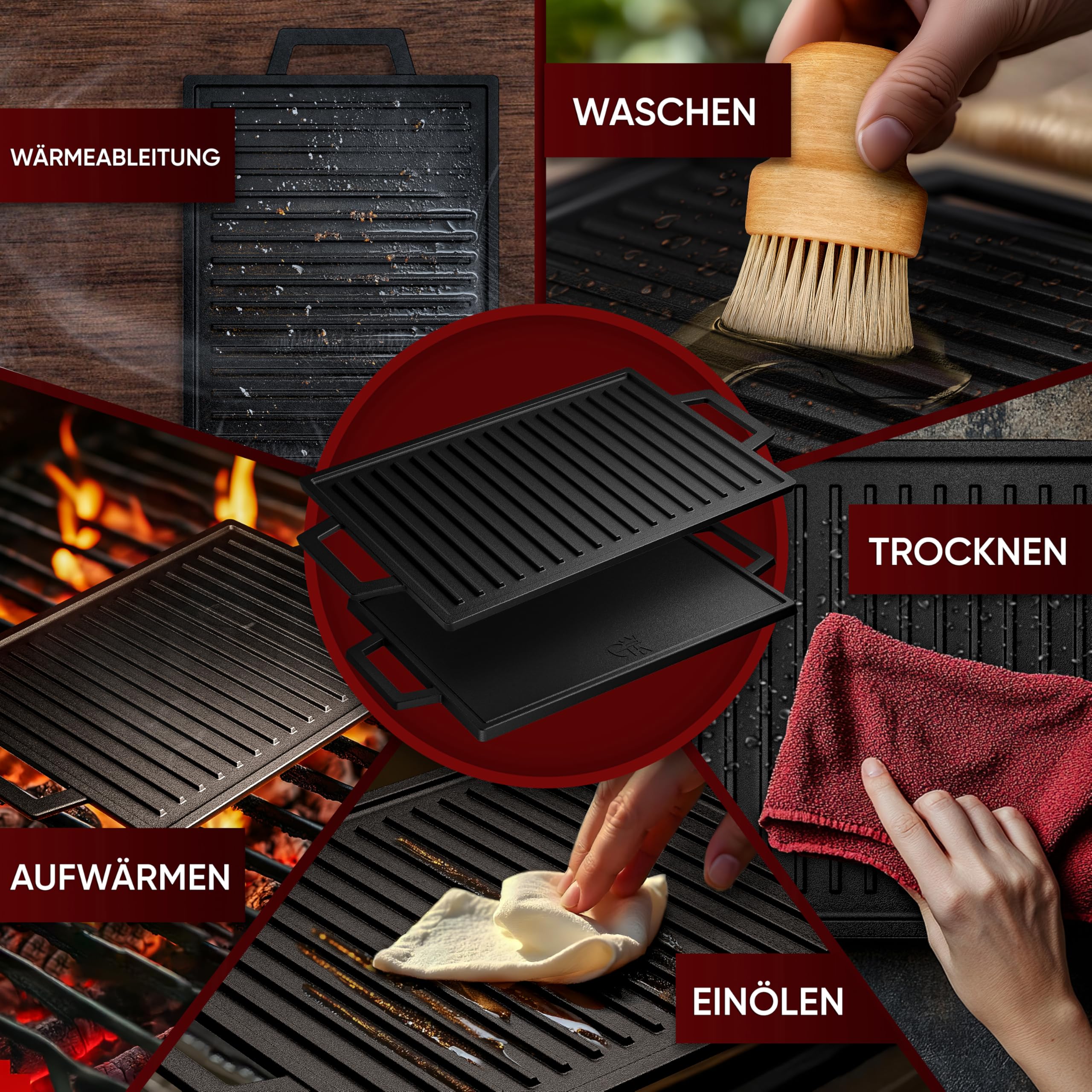GUSSKÖNIG Gusseisen Grillplatte - 33cm Wendeplatte für Gasgrill, Induktion, Herd & Backofen - Grillplatte Induktion Gusseisen, GussGrillplatte, Cast Iron Grill Plate - inkl. Rezeptbuch
