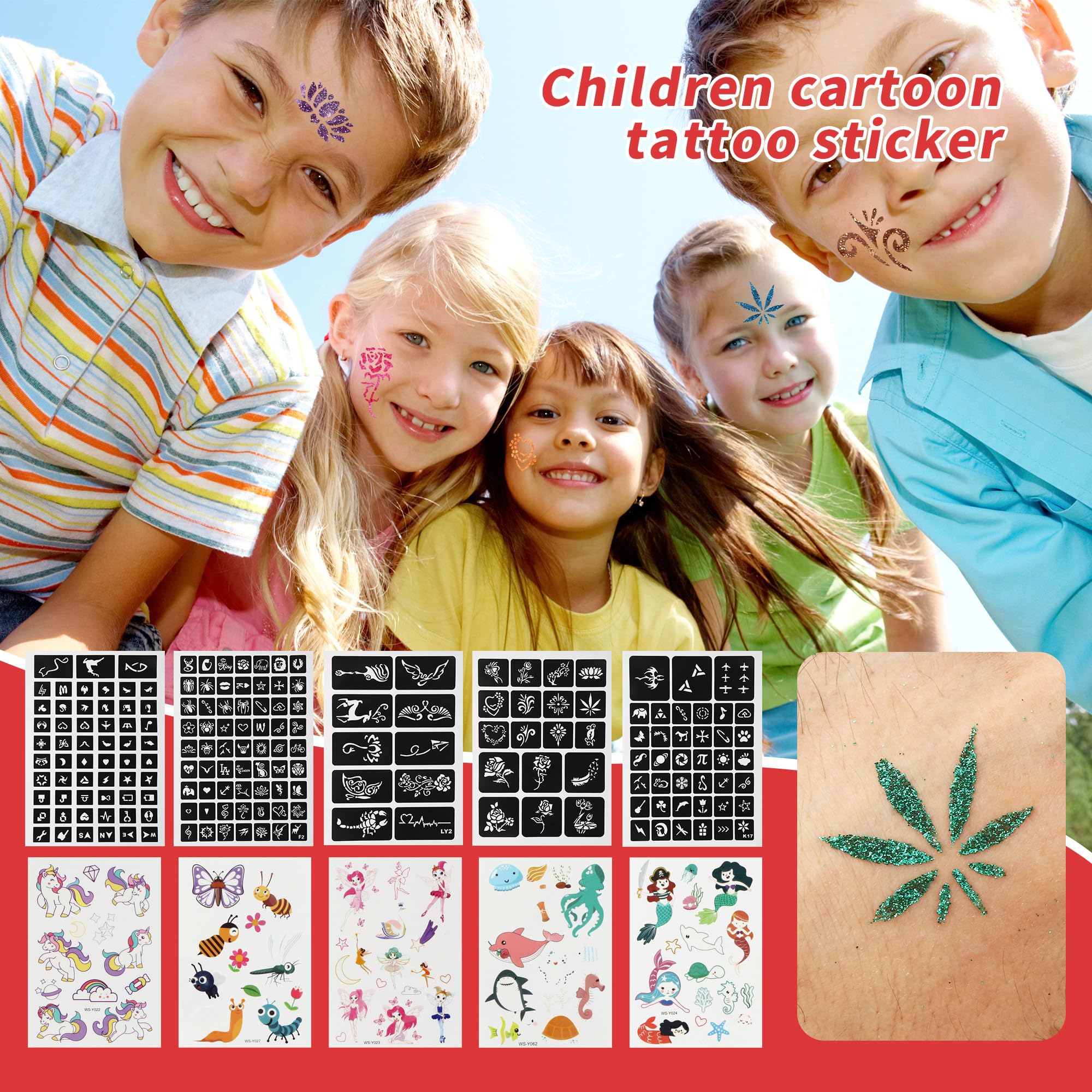 Kit De 200 Pochoirs De Tatouage Paillettes Dazzle Glitter Tattoos - Thème Animaux Et Nature, Fabriqué Aux USA