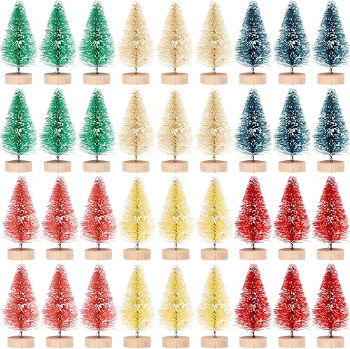 Mini árboles de Navidad artificiales, cepillo para botellas, árboles helados de nieve con base de madera, árboles de mesa de plástico, adornos para