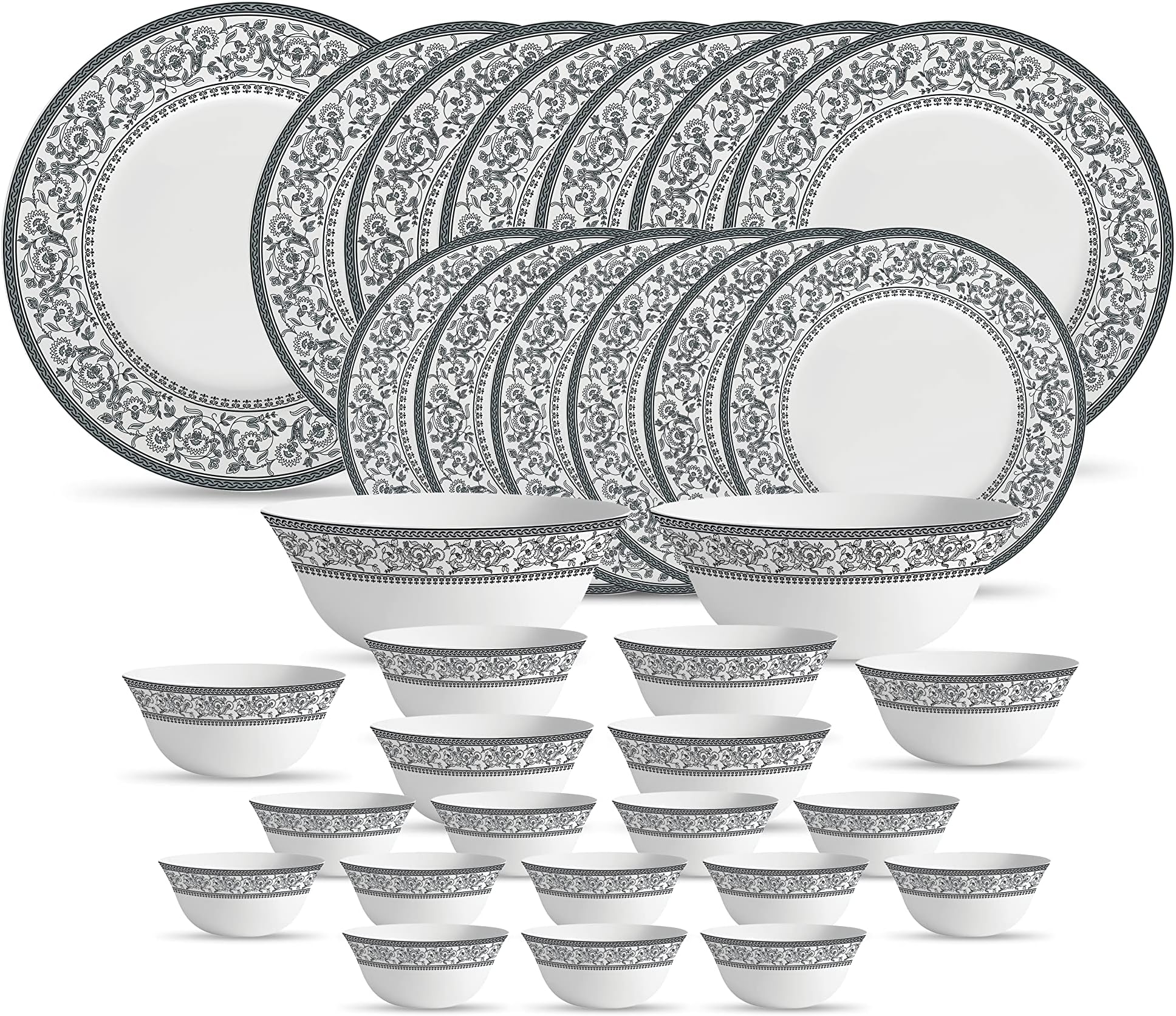 Diva Sovrana Collection Opal Glass Crockery | for Family of 6 | Dinner Set 33 pcs Persian Grey | Plates & Bowls for Dining | Microwave Safe | 100% Vegetarian | Extra Strong | Light & White