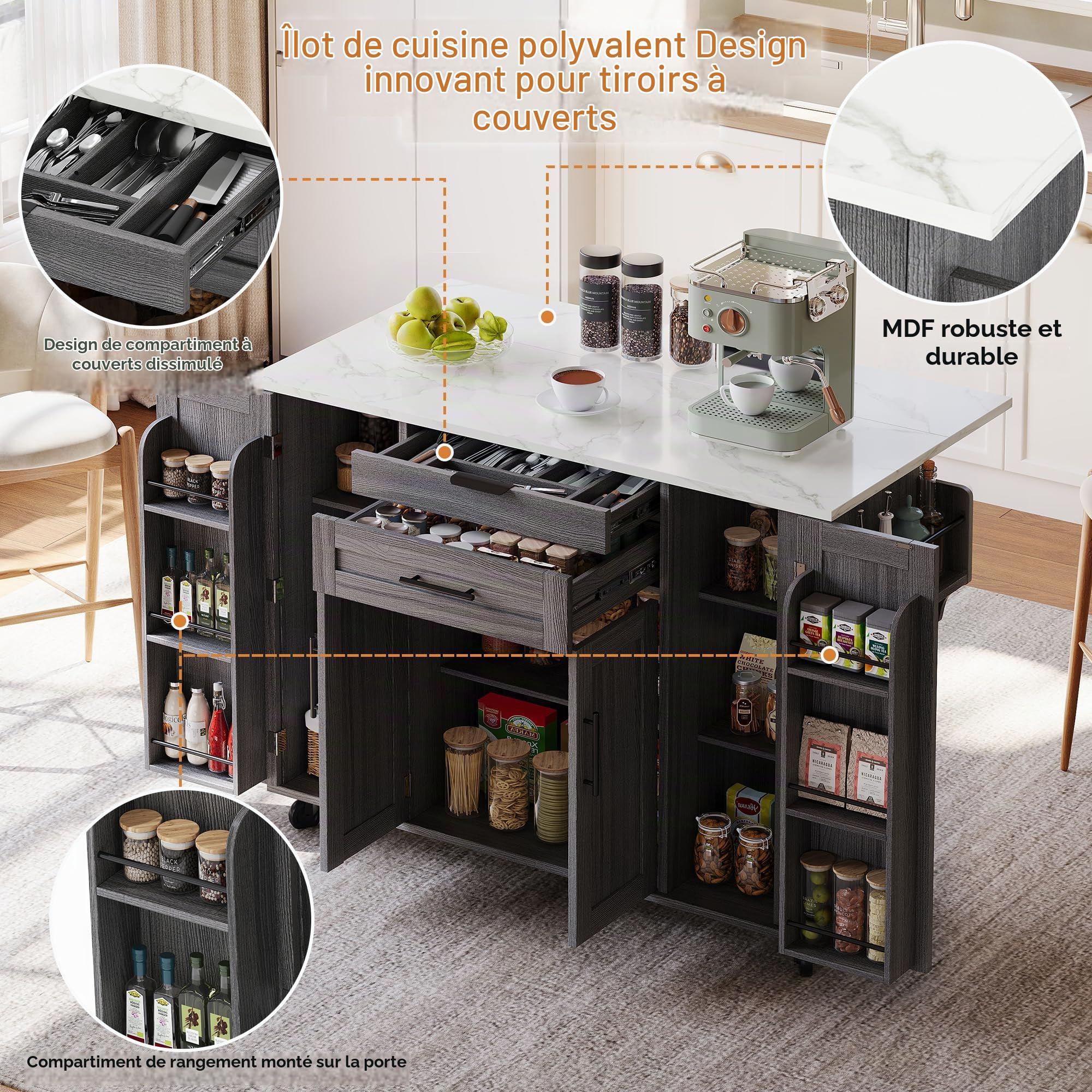 Îlot de cuisine autoportant avec plan de travail pliable, armoire de cuisine sur 5 roulettes, avec étagère et 2 tiroirs, pour cuisine, salle à manger, 136 x 70 x 92 cm (gris)