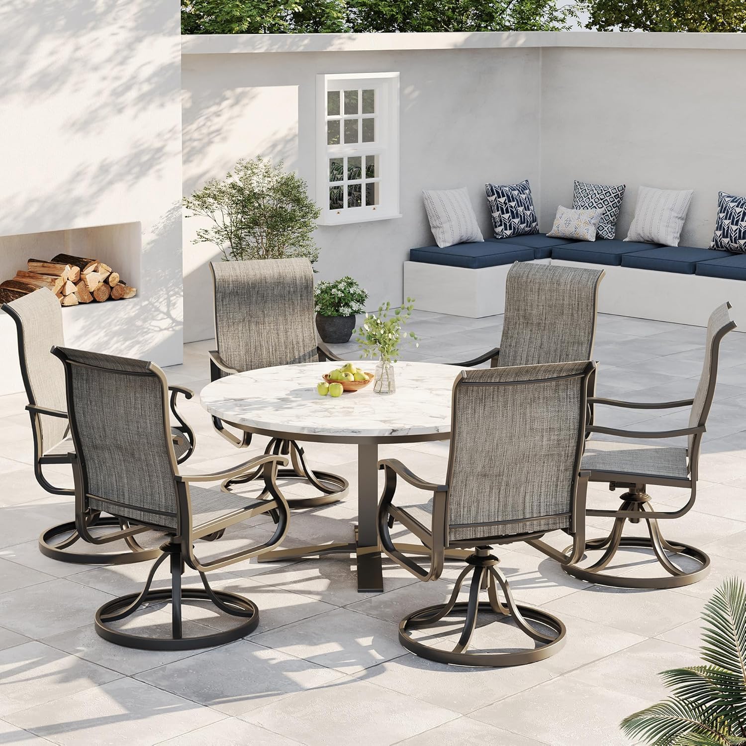 Four-step diagram illustrating the assembly process of the patio swivel chair, from base to completed chair.