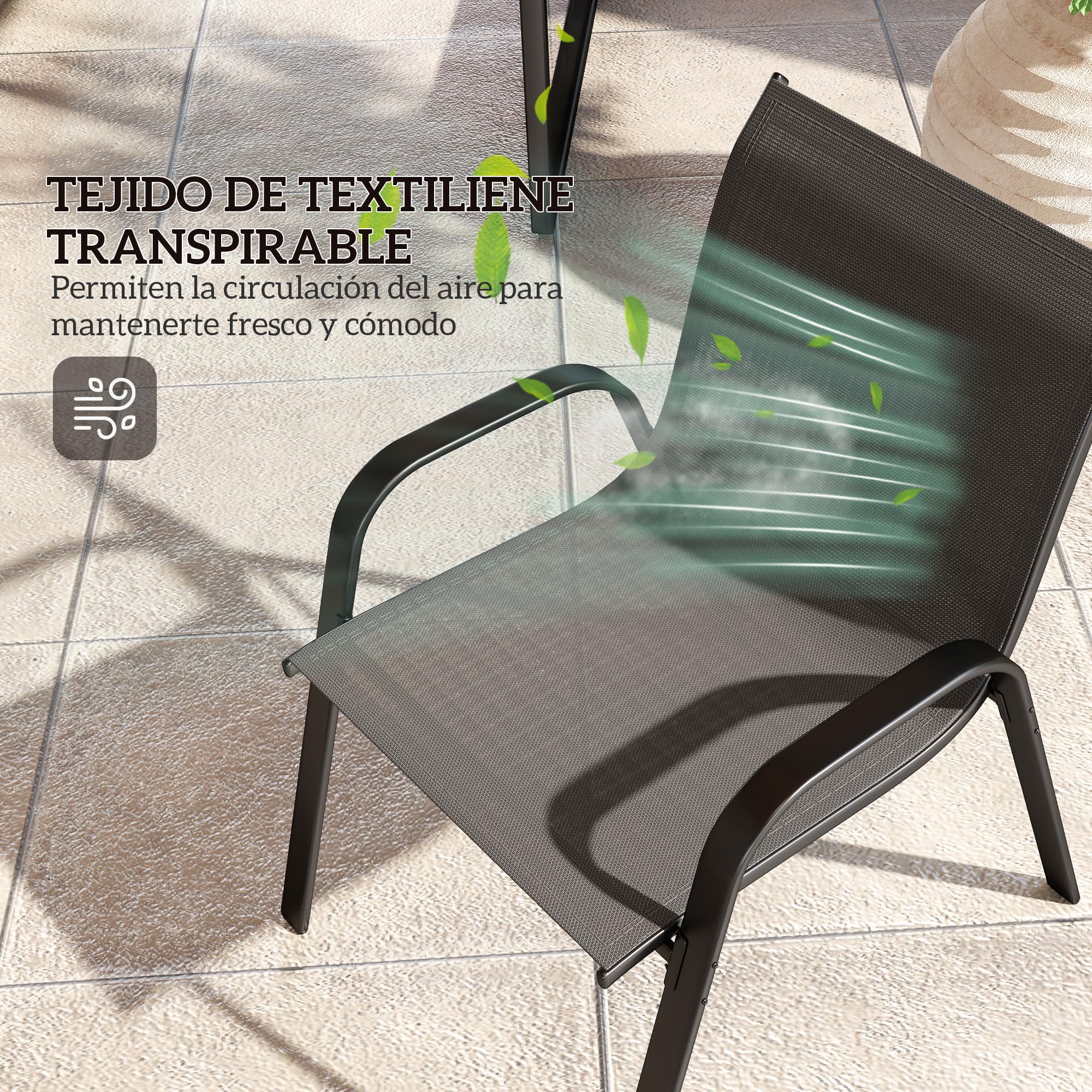 Outsunny Conjunto de Jardín Exterior 4 Piezas Muebles Jardín Exterior con 2 Sillones Apilables 1 Sofá de 2 Plazas y Mesa de Centro con Tablero de Vidrio Templado Negro
