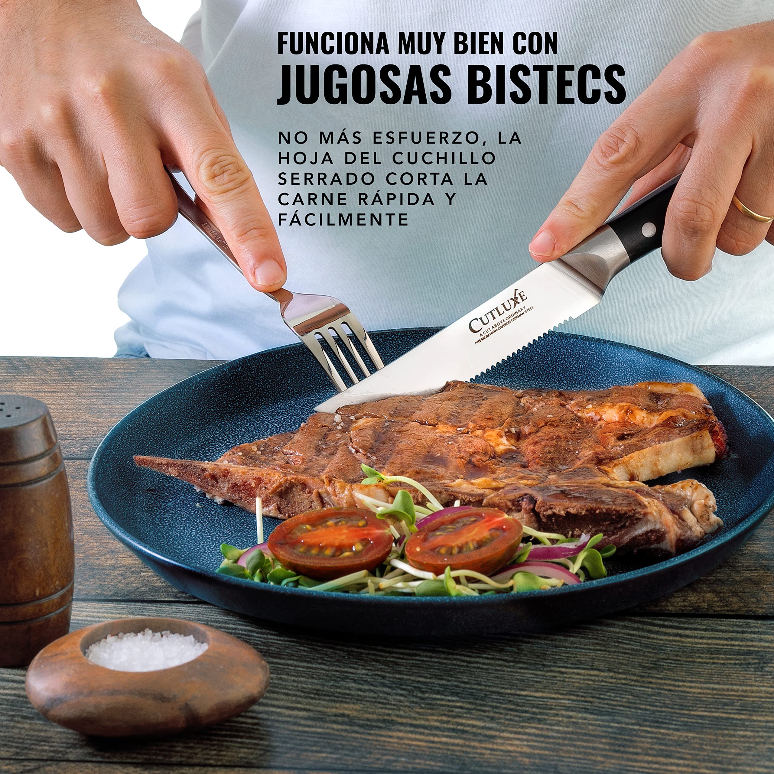 Cutluxe Cuchillos Carne – Juego de 8 Cuchillos de Mesa, Cuchillos Sierra – Acero Alemán Alto Carbono Forjado, Espiga Completa, Diseño Ergonómico Mango – Serie Artesanal