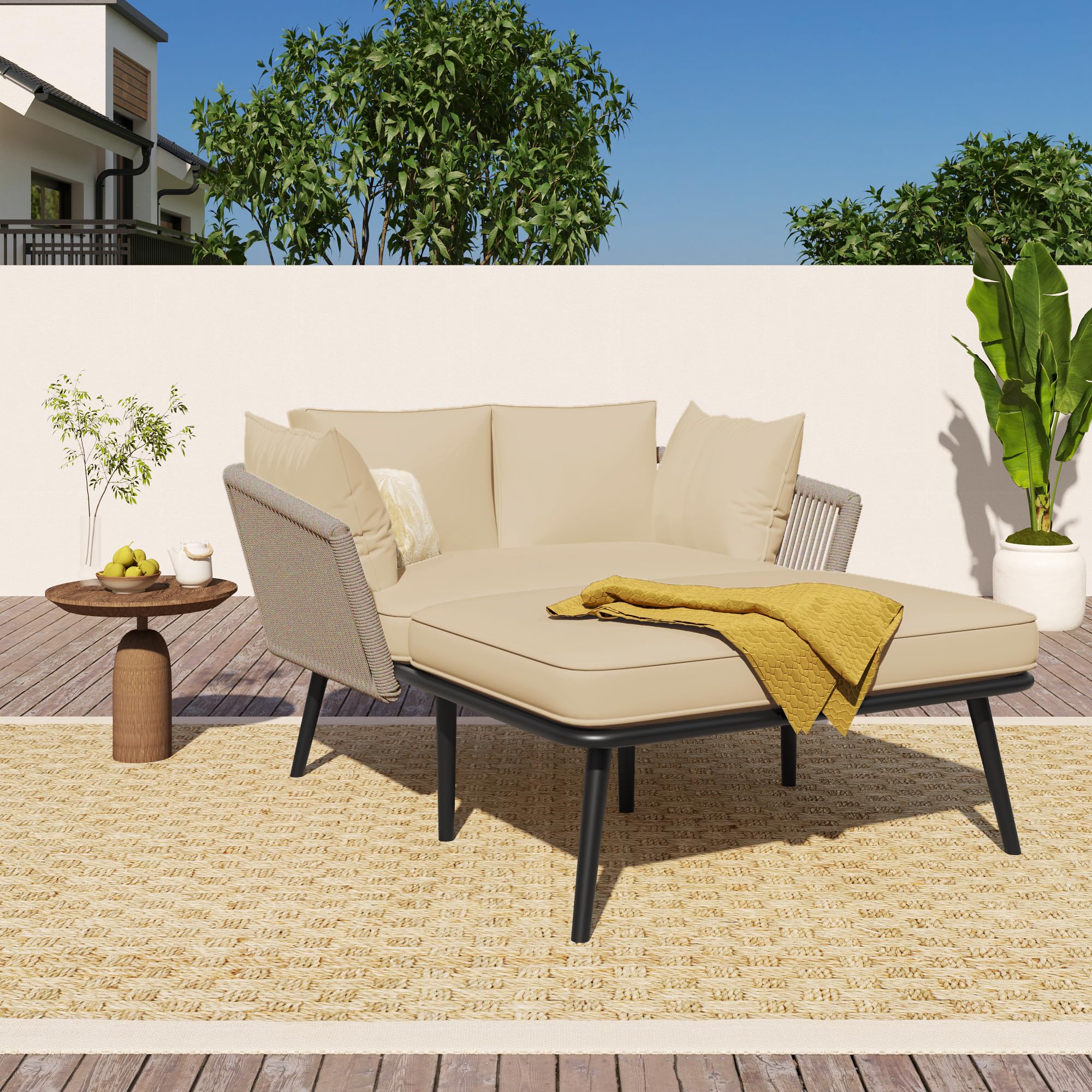 Sofá de jardín con 2 cojines y 2 cojines, tumbona para exteriores, salón de jardín, juego de muebles de balcón, muebles de salón, muebles de terraza, cojines extraíbles y lavables (caqui)