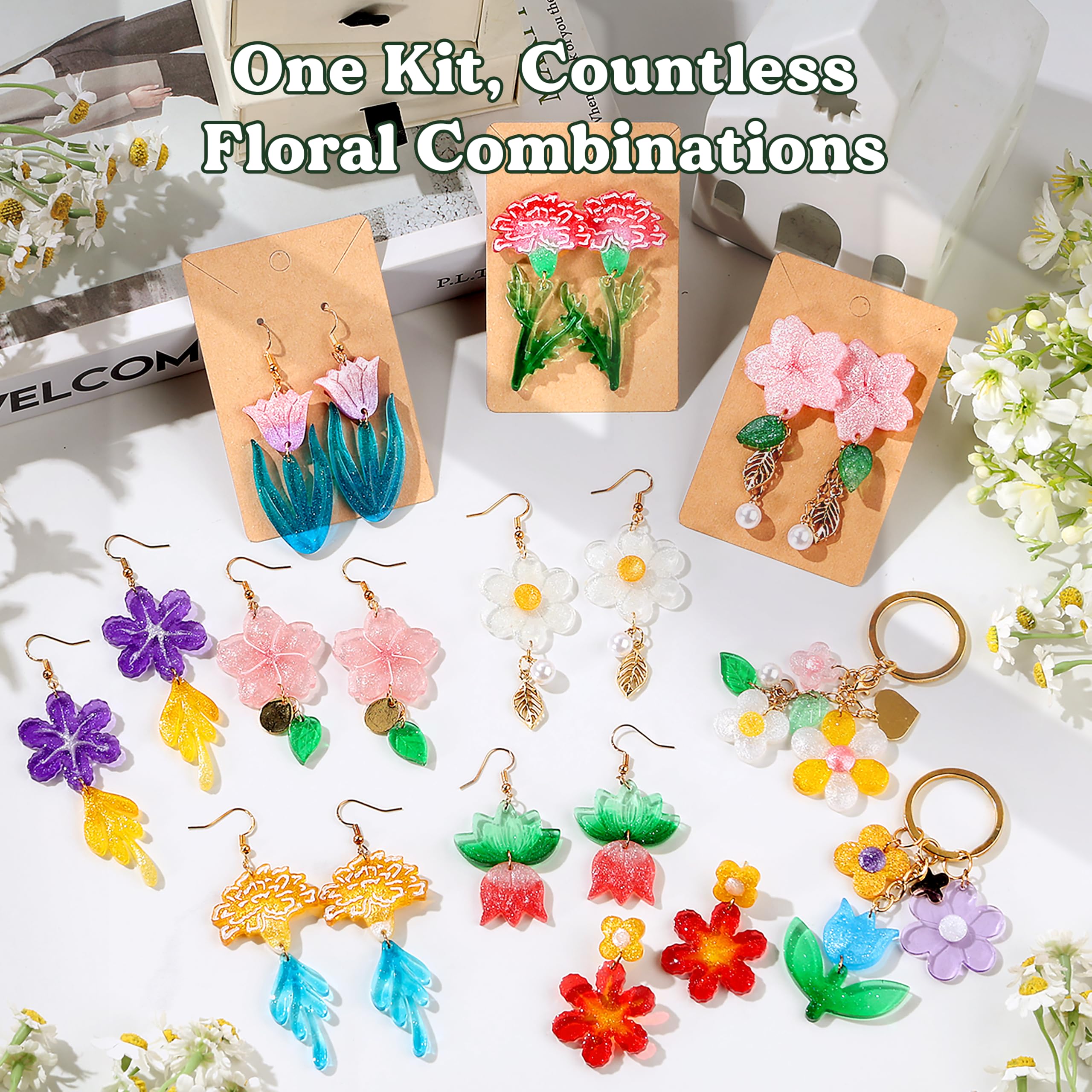 LET'S RESIN Kit in resina UV con luce, kit per la creazione di gioielli floreali con stampi in resina, coloranti in resina, ciondoli e gioielli per portachiavi, orecchini, collane, ciondoli