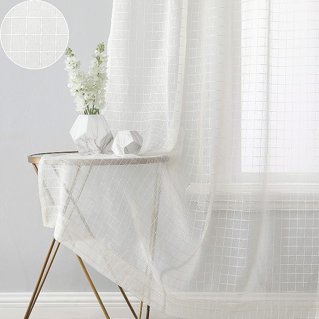 Beauoop Linen Sheer Curtains Check Plaid Grid Pattern Drapes 72 Inch Semi Sheer Voile Linen Textured Grommet Top Window Treatment Sets for Living Room Bedroom Farmhouse, Beige, 2 panels, 52 x 72 Inch