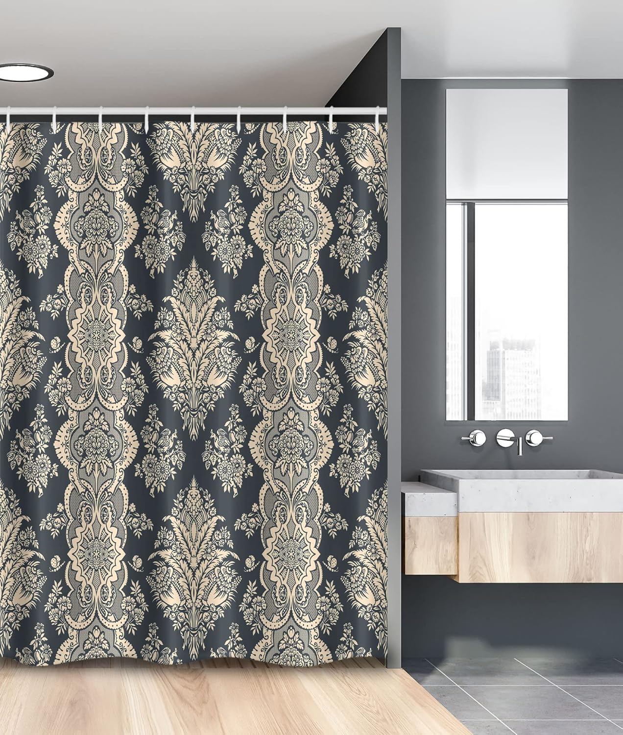 Ambesonne Damask Stall Shower Curtain, Victorian Style Baroque Classic Pattern with Ornamental Floral Leaves Image, Fabric Bathroom Decor Set with Hooks, 54" W x 78" L, Charcoal Grey Cream