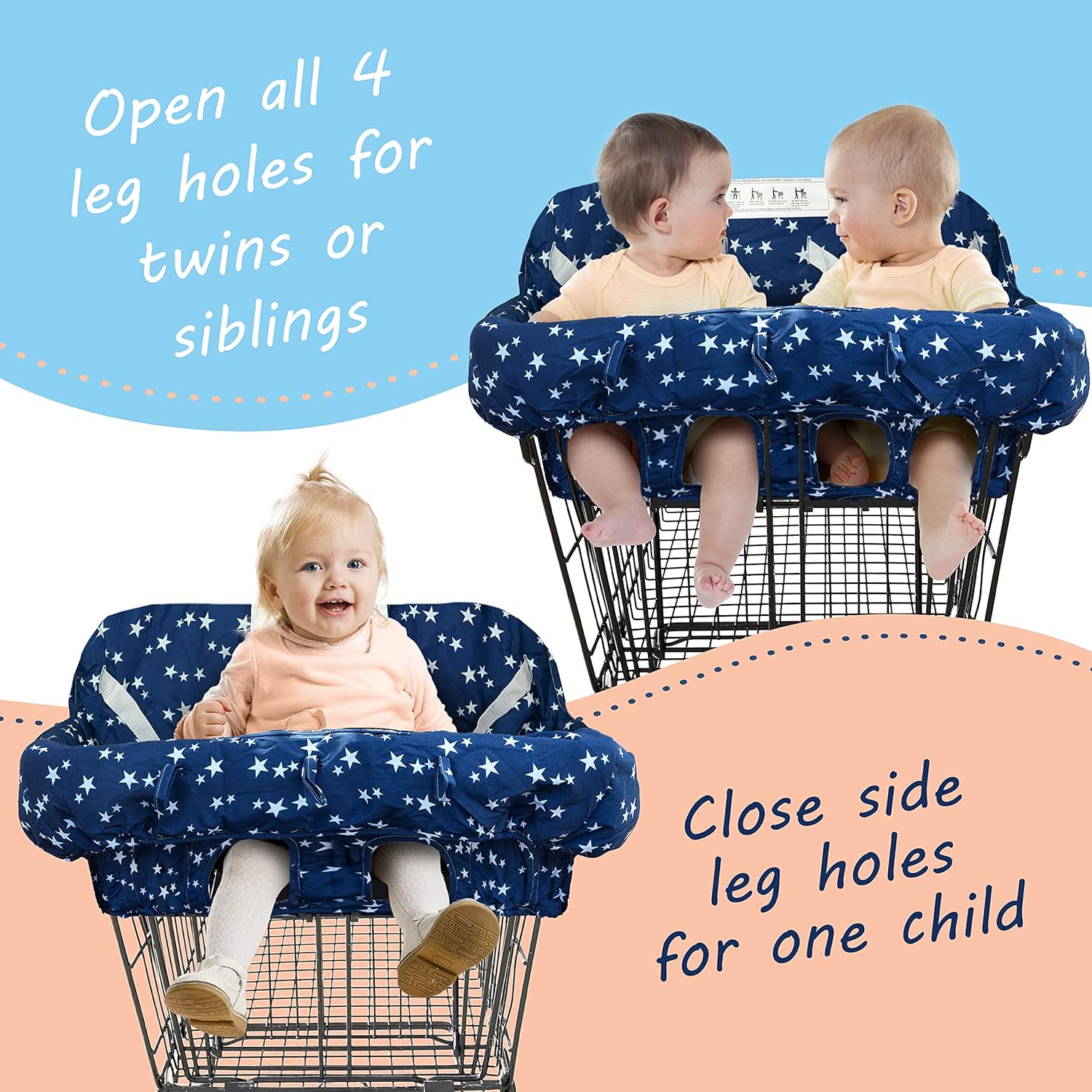 3v2j Shopping Cart Cover for Twin Baby or one | Fit Most Wholesale and Warehouse Grocery Trolley | Flod'in Bag | Machine Washable (Blue Star) : Baby