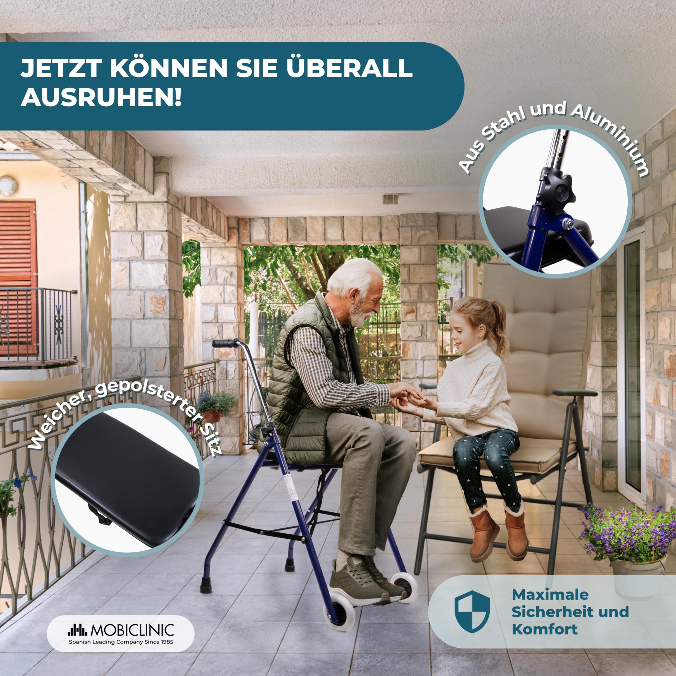 Mobiclinic®, Gehbock mit Rollen Klappbar, Höhenverstellbar, Faltbar und Leicht, Emérita, Gepolstertem Sitz, 2 Räder, Stabil, Max. 100 Kg, Ergonomische Griffe, Stahl, Blau