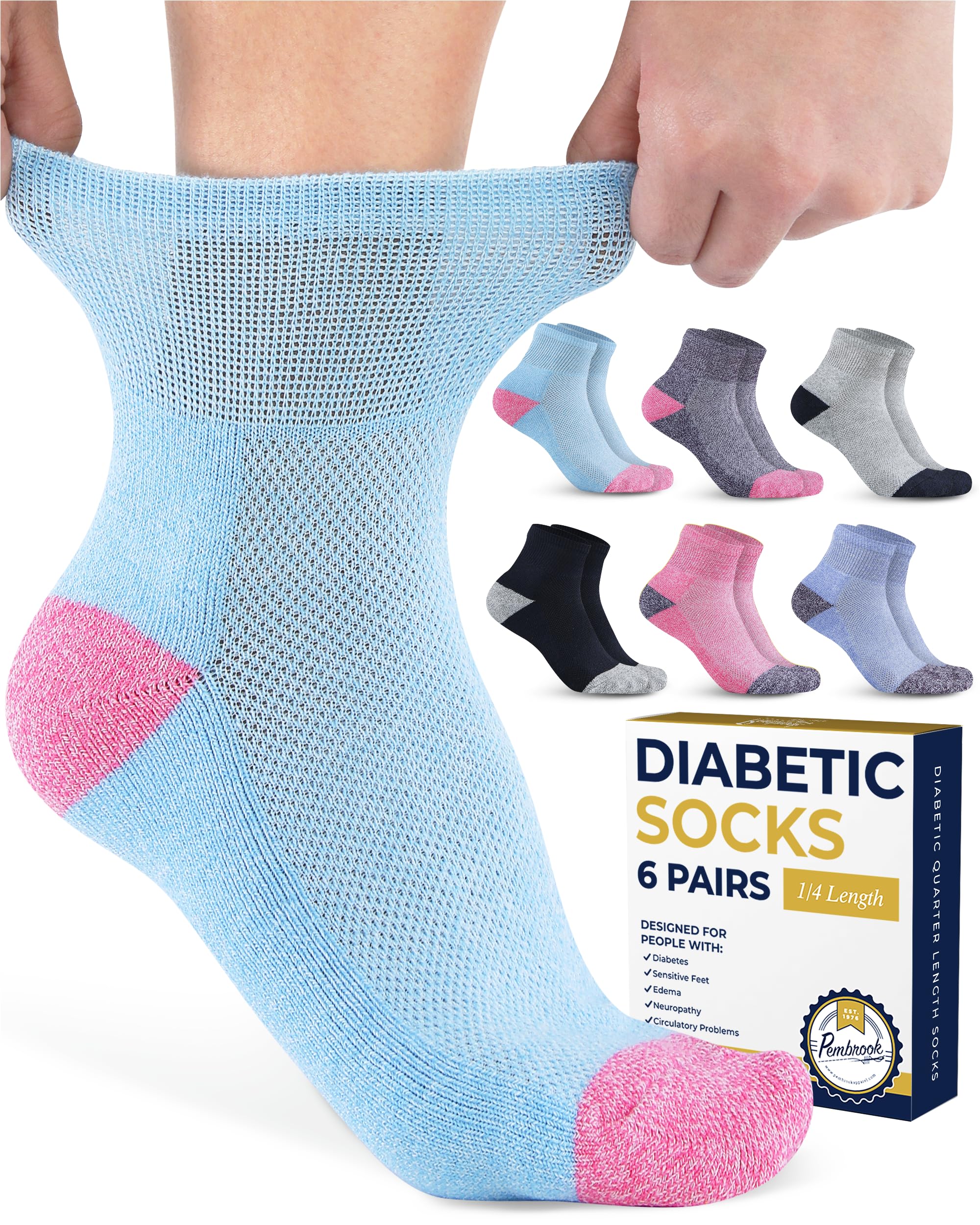 PembrookDiabetic Ankle Socks for Men and Women | 6 Pairs Wide Socks Without Closure with a Quarter Length | Neuropathy Socks for Edema