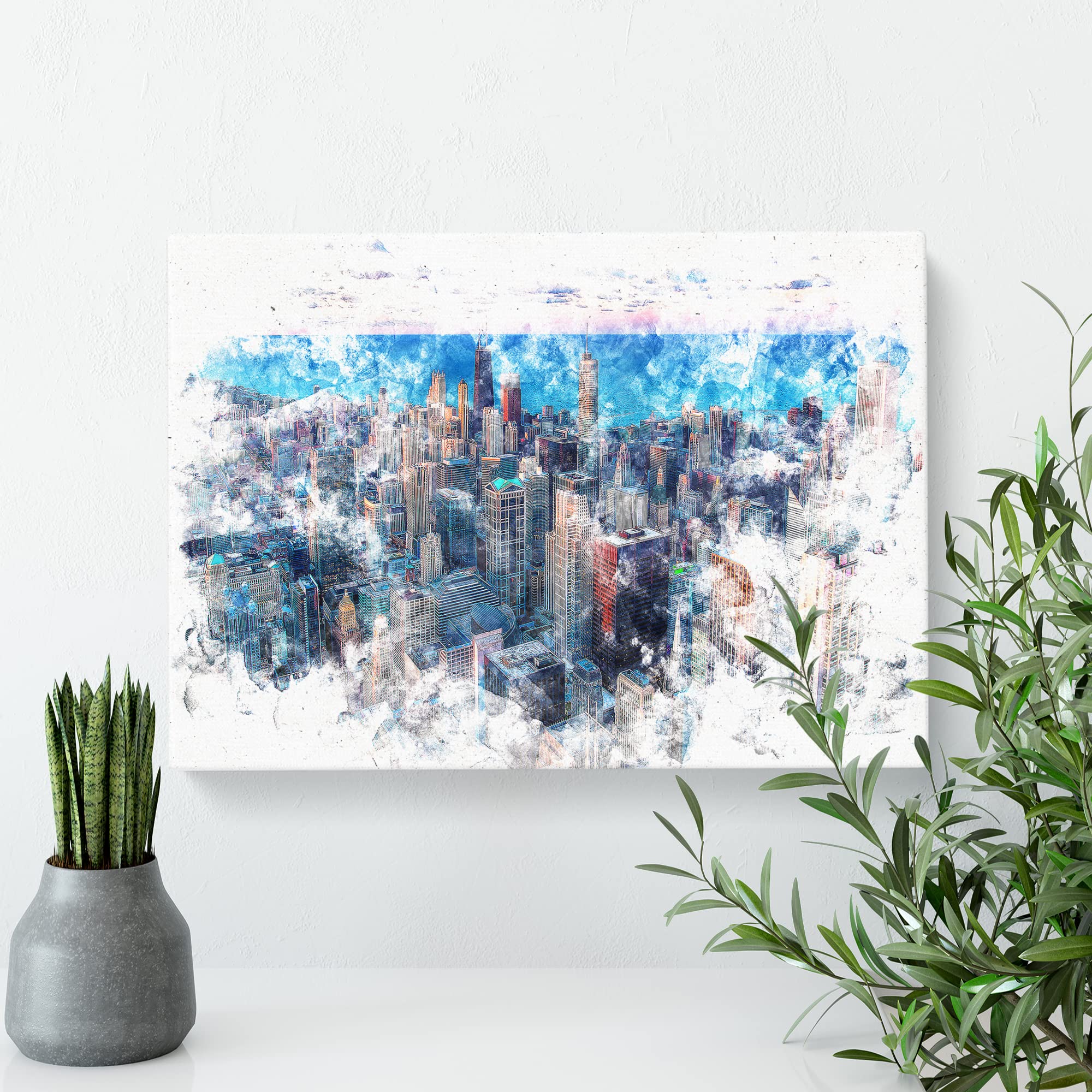 The Beauty Of The Chicago Skyline Watercolour Canvas Print, Mixed, 25L x 50W cm - Image 2