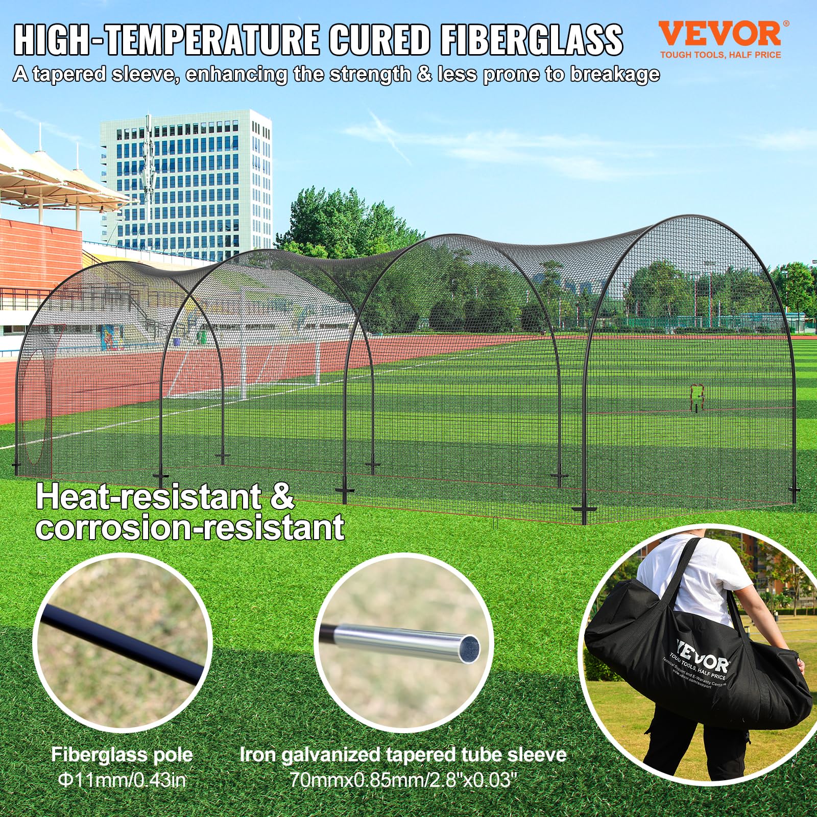 VEVOR Rete Gabbia da Baseball 10 x 3,6 x 3 m Telaio e Rete per Allenamento Nero