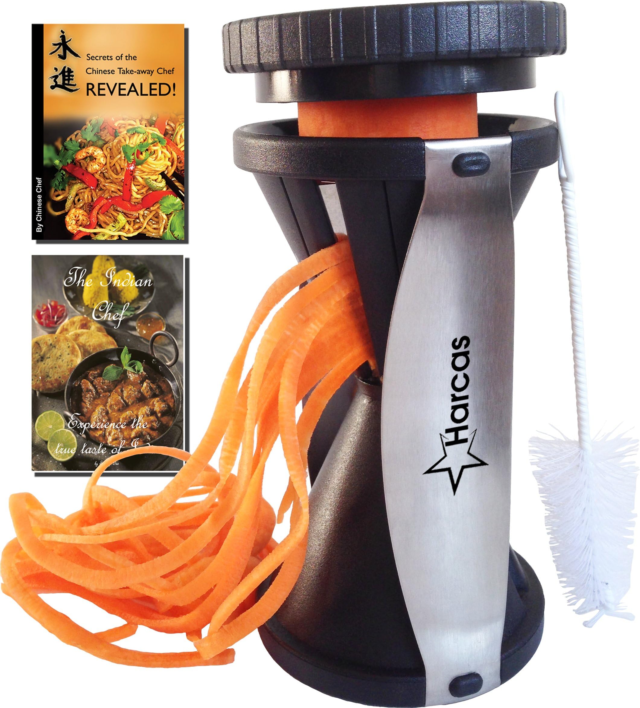 Premium Spiralizer Spiral Vegetable Slicer - Zucchini Pasta Noodle Maker - Complete Bundle - Cleaning Brush, the Secrets of the Chinese Chefs Ebook & the Indian Chef Ebook Recipes