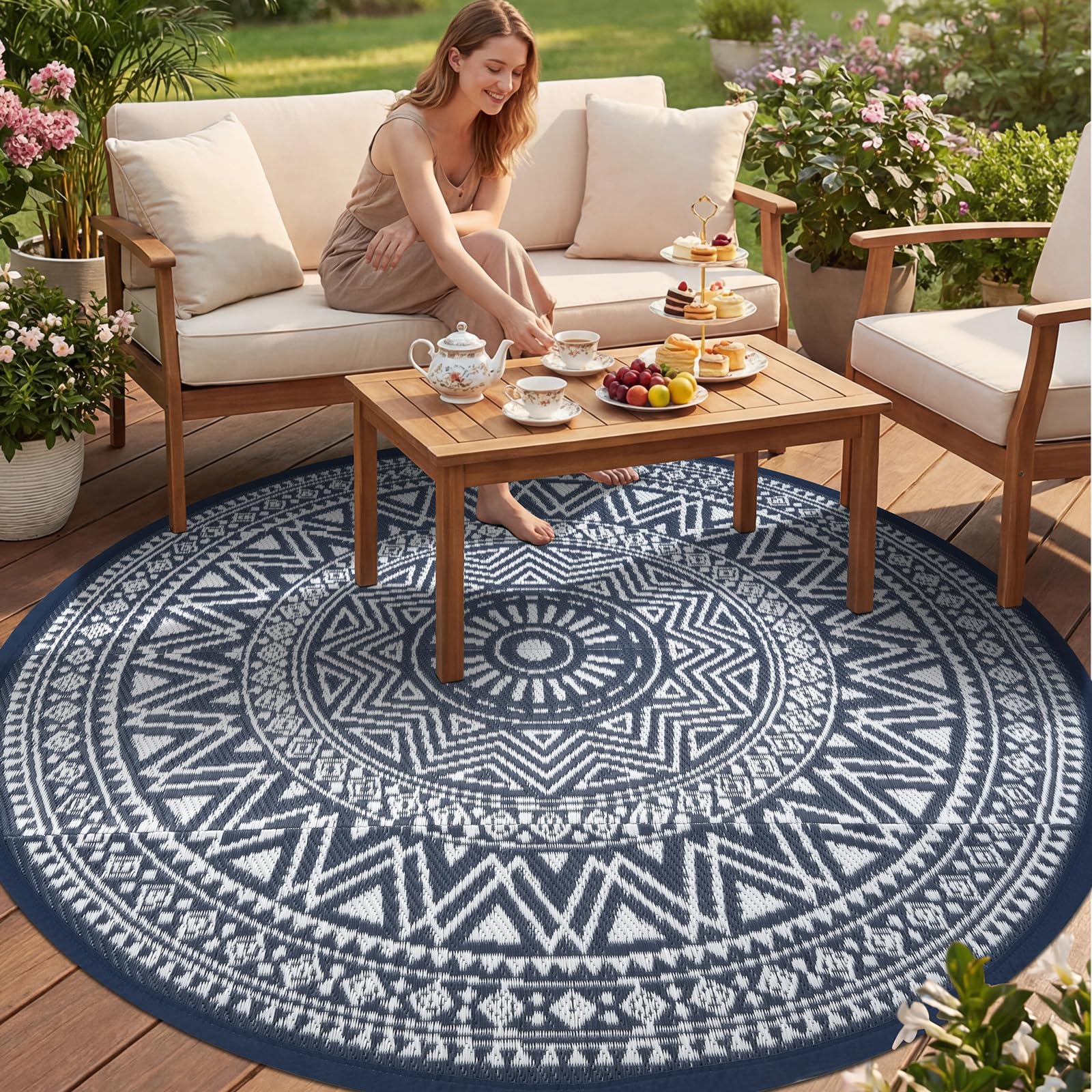 IMIYOKU Large Outdoor Rug for Patios Waterproof 240cm Round Outdoor Garden Rugs Reversible Boho Mats Lightweight Plastic Blue Outdoor Area Rug for RV, Balcony, Beach, Backyard, Picnic, Porch, Deck