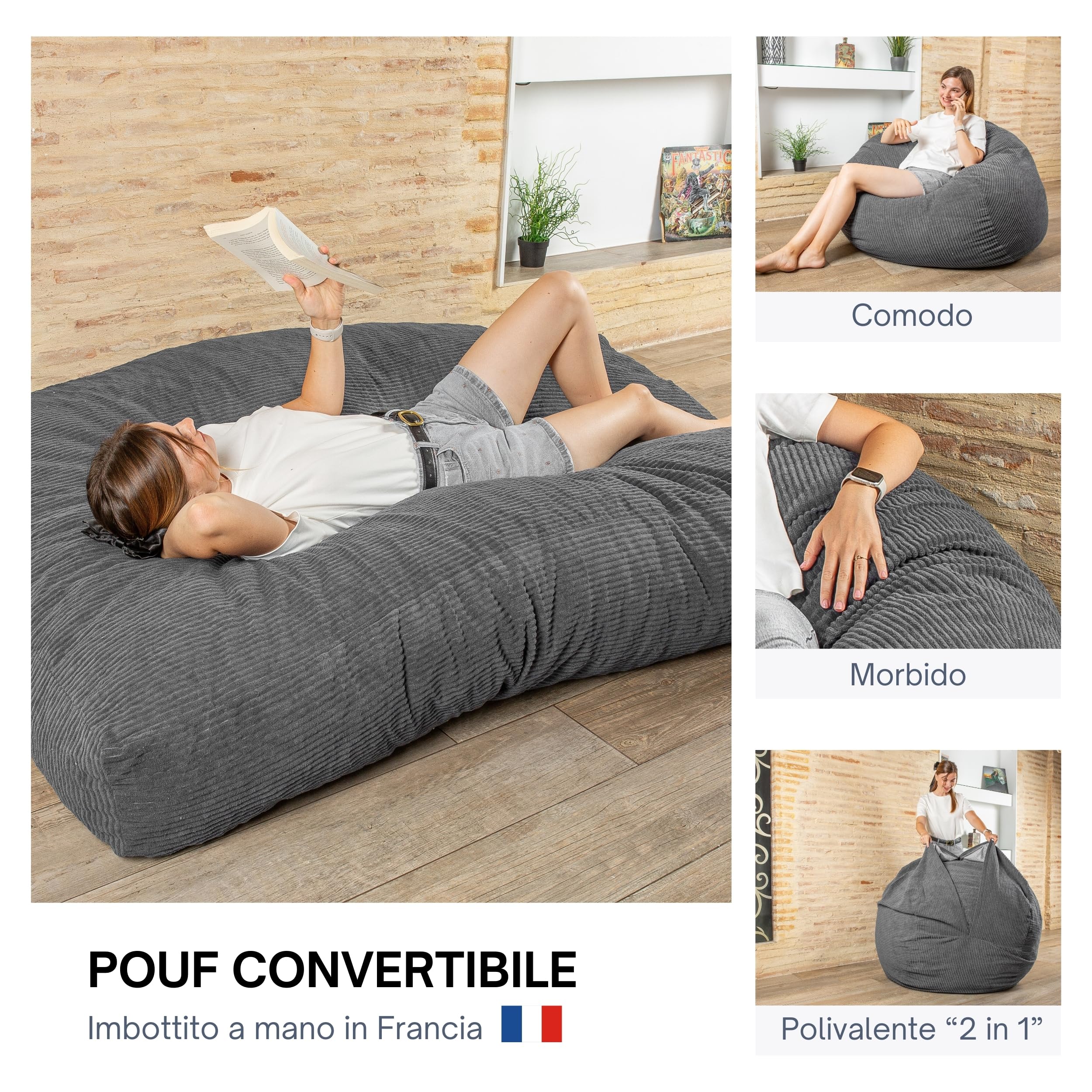 bananair - Pouf Poltrona Sacco Convertibile en Materasso/Futon Singolo Pieghevole 135x185 cm - Morbido, Tessuto di Velluto a Coste Larghe - Confortevole, Imbottitura in Schiuma (Grigio Scuro)
