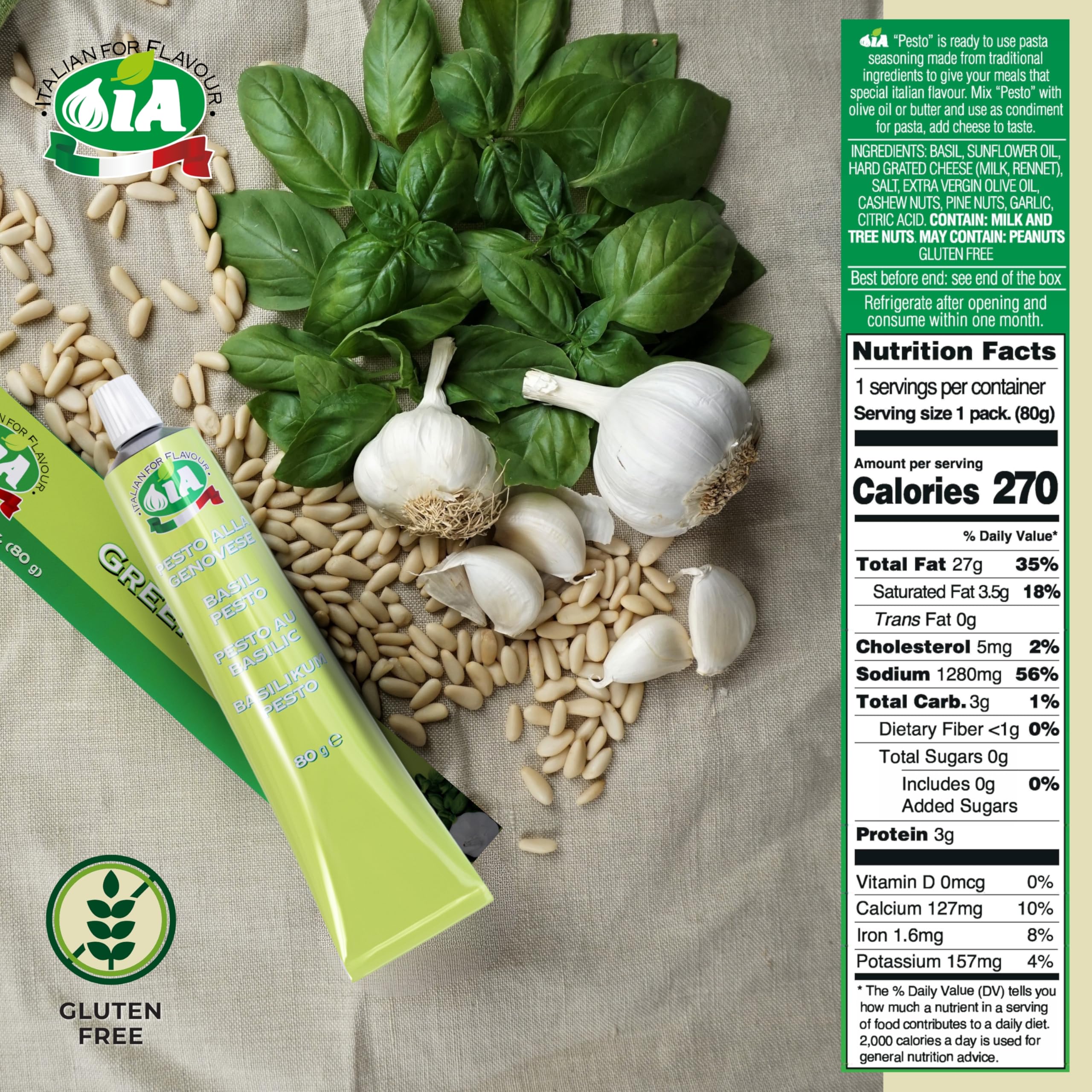 Pesto Verde en Tubo 80g Sin Gluten, Listo para Usar – Condimento para Aperitivos y Recetas