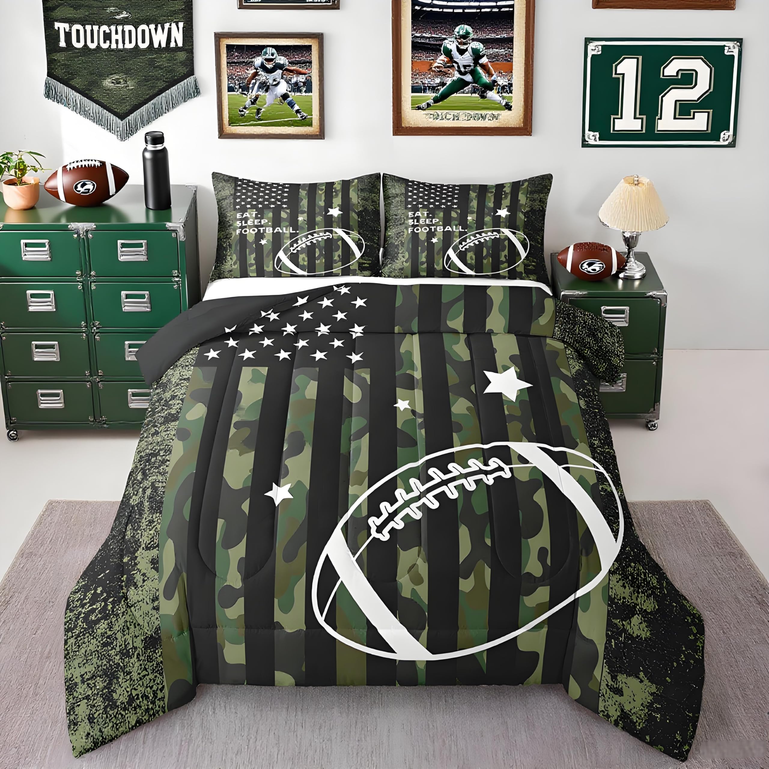 Feelyou Full Football Bedding Set for Kids Toddler Camo American Flag Comforter Set for Boys Girls Rugby Sports Comforter Teens Soccer Duvet Set Microfiber Bed Set