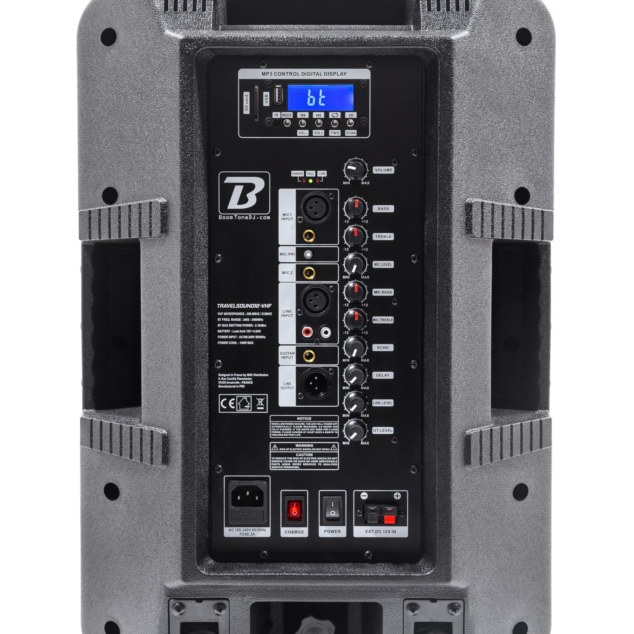BoomTone DJ TRAVELSOUND12-VHF Système de Sonorisation Portable Noir 600W avec Bluetooth. Lecteur USB, SD et Micro Main et Serre-tête VHF Inclus. Idéal pour DJ, Karaoké, Spectacles de Rue et Fête