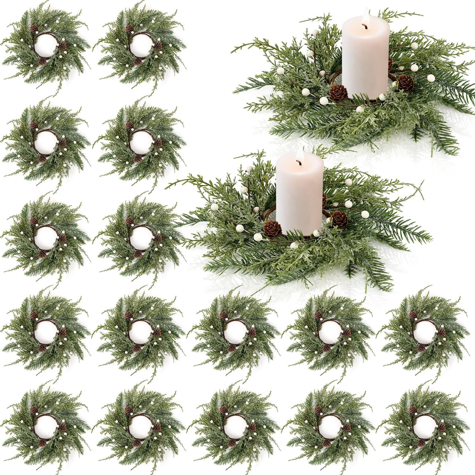 18 PCS Christmas Wreath Candle Rings Mini Wreath Pine Garland Artificial Frosted Cedar and Pine Cone Candle Rings Holder for Christmas Wedding Home Table Centerpiece Door Window Chair Wall