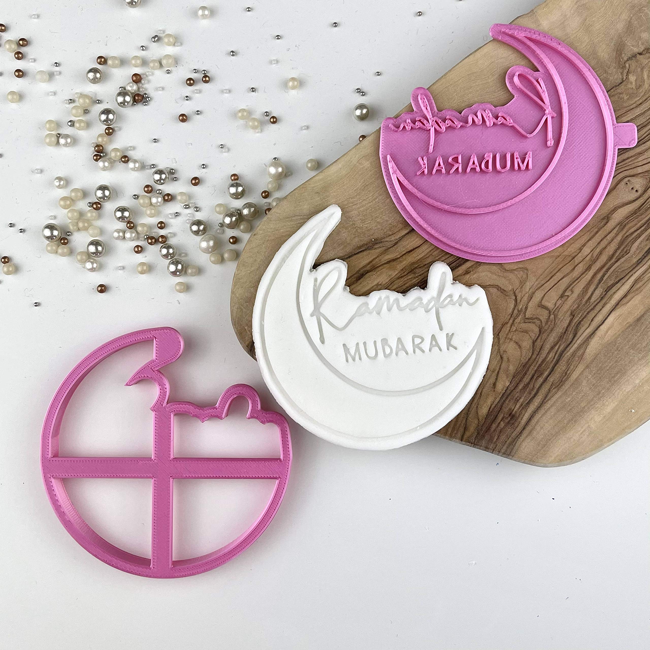 LissieLou Ramadan Mubarak Style 1 with Moon Eid Icing Fondant Cookie Cutter and Stamp - Light Pink