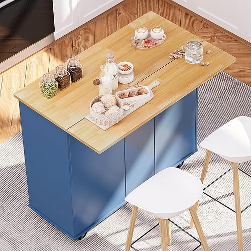 Miniatura 3 de SUNLEI Isla de cocina con ruedas con armario de almacenamiento y hoja plegable, mesa de cocina rodante, asa de carrito para toallero, hoja caída,
