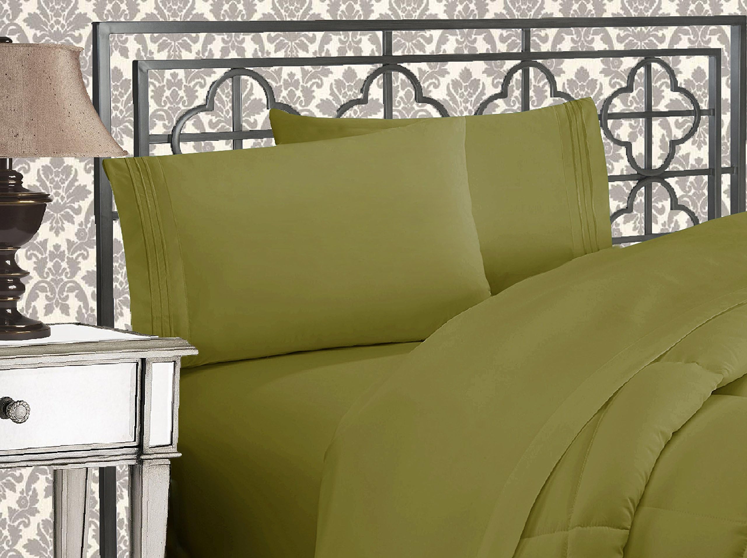 Luxurious 1500 Premium Hotel Quality Microfiber Three Line Embroidered Softest 4-Piece Bed Sheet Set, Wrinkle and Fade Resistant, California King, Sage-Green