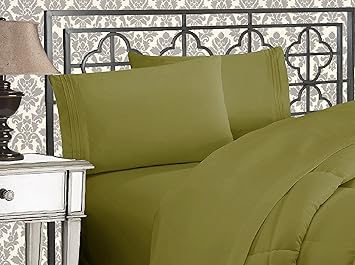 Elegant Comfort Luxurious 1500 Premium Hotel Quality Microfiber Three Line Embroidered Softest 4-Piece Bed Sheet Set, Wrinkle and Fade Resistant, Full, Sage-Green