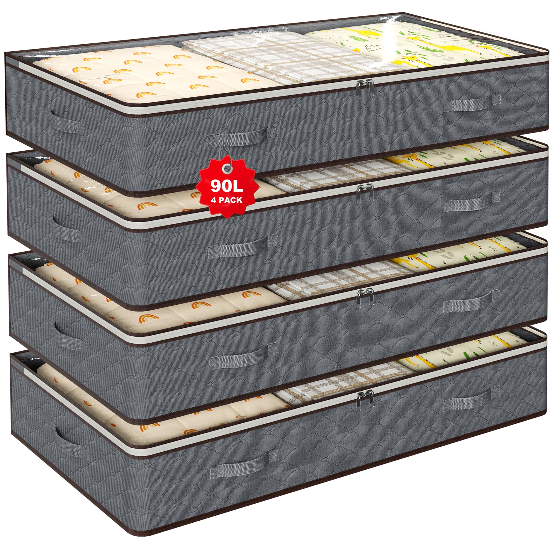 Photo 1 of **MISSING CARD BOARD**90L Under Bed Storage Containers,4-Pack Closet Organizers and Storage Bins,for Organization and Storage Clothes, Shoes, Blankets & Pillows,Visible Transparent Top Storage Bins with Lids, Grey