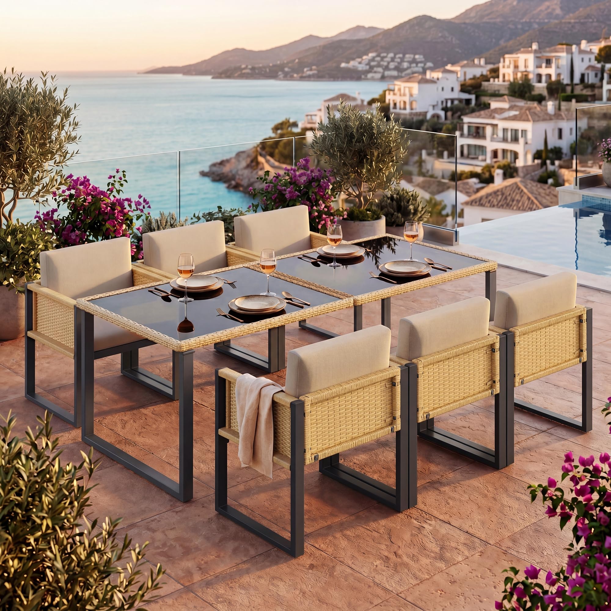 Table et Chaise de Jardin Exterieur 6 Personnes–Ensemble Repas avec Plateau Verre et Coussins Déhoussables–Structure Acier Anti-Rouille,Rotin Tressé – Idéal pour Terrasse et Jardin (Brown Noir)
