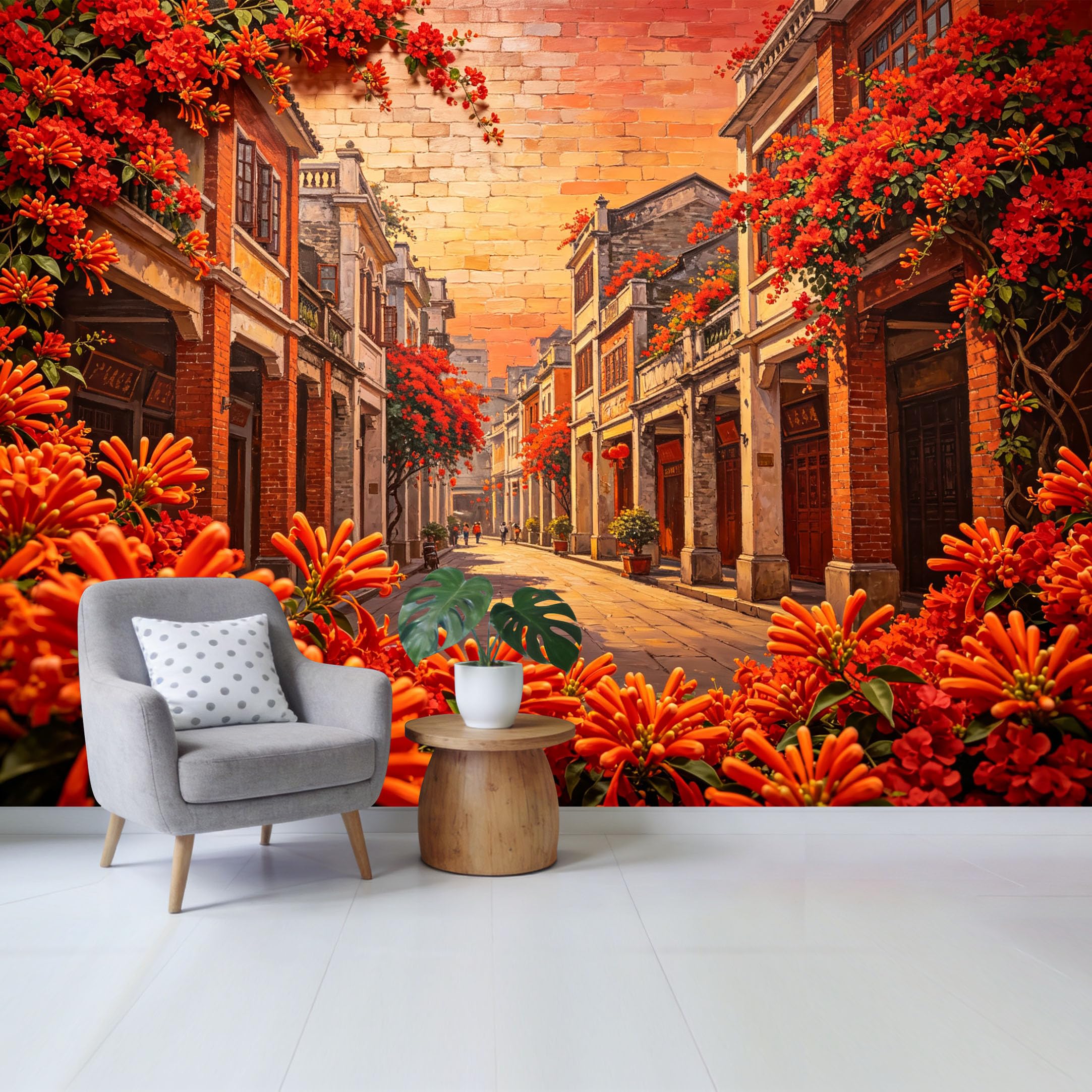 Custom Size Wall Mural Traditional Old Town Street View Vibrant Orange Trumpet Flower Oil Painting Style SelfAdhesive Wall Fabric Removable Wallpaper for Home Office Decor