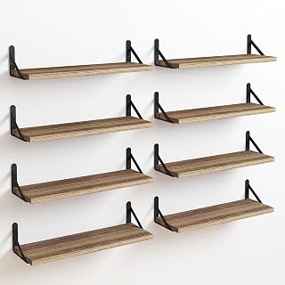 Fixwal Rustic Wood Floating Shelves Set of 8 (4.7in Wide, Carbonized Black) - 40LB Capacity Wall Shelves for Bedroom, Kitchen, Bathroom, Plant Display
