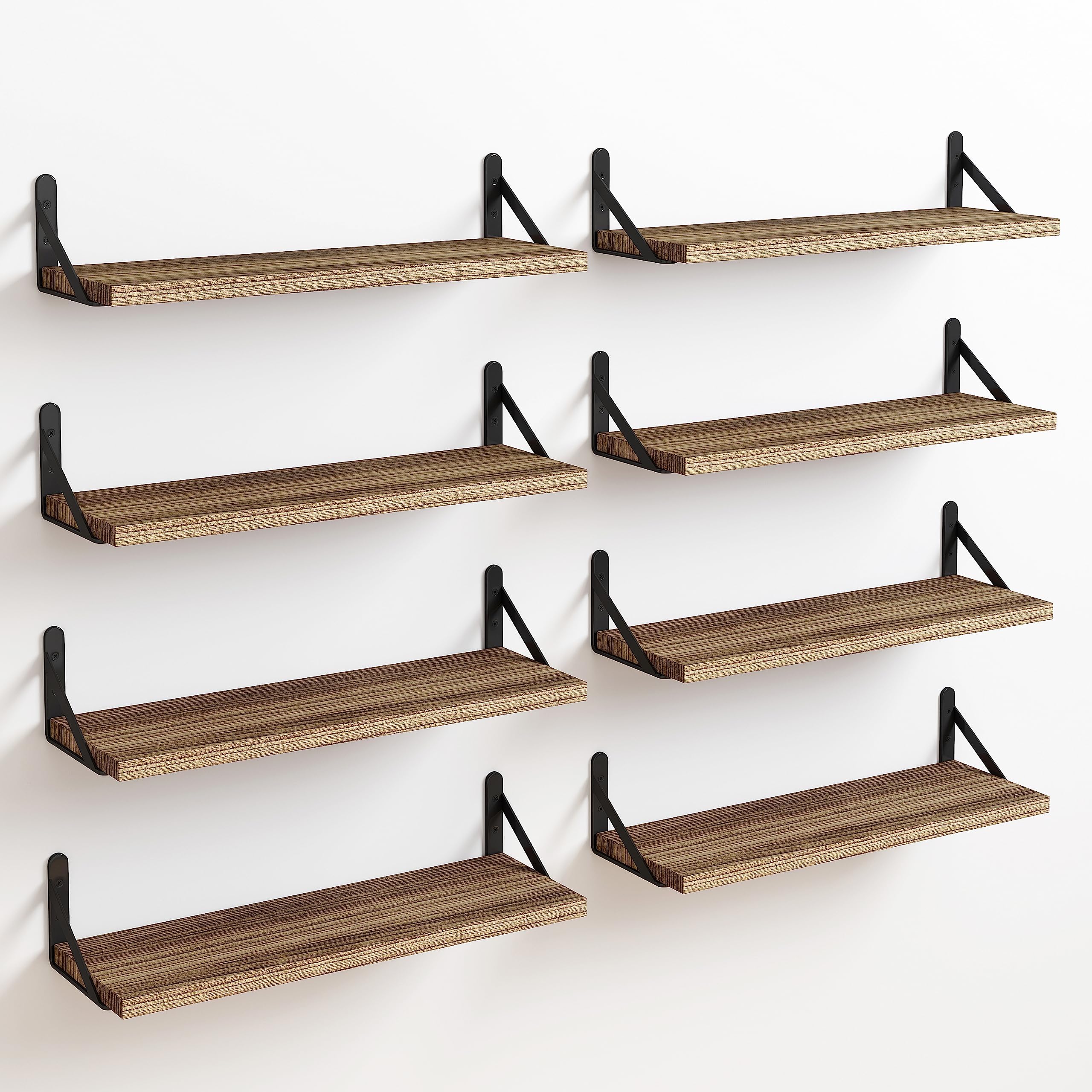 Fixwal Shelves for Room Wall, Width 4.7in Rustic Wood Wall Storage, Floating Shelves for Bedroom, Living Room, Kitchen, Bathroom, Office Decor and Plants Display (Set of 8 Carbonized Black)
