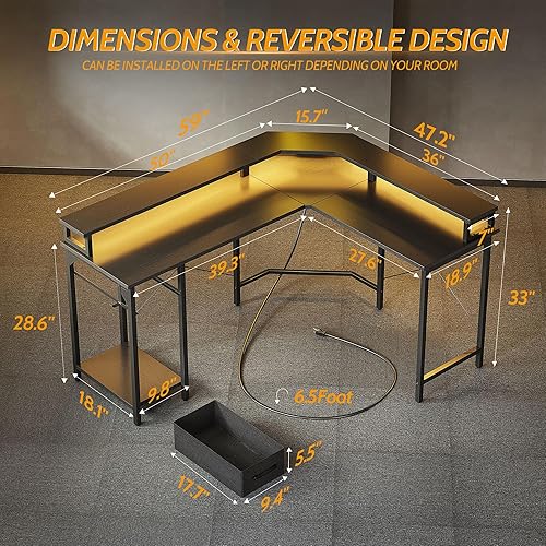 Miniatura 3 de CubiCubi Escritorio para juegos en forma de L con tomas de corriente y puertos de carga USB, escritorio esquinero reversible de 58 pulgadas con