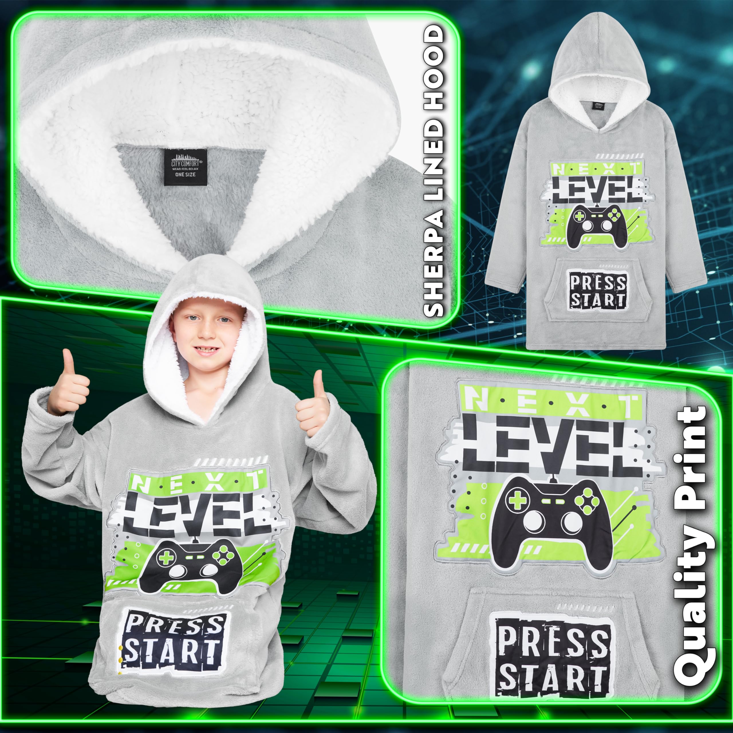 CityComfort Felpa Coperta Bambino - Felpe Oversize con Cappuccio in Morbido Pile Taglia Unica - Regalo per Gamer