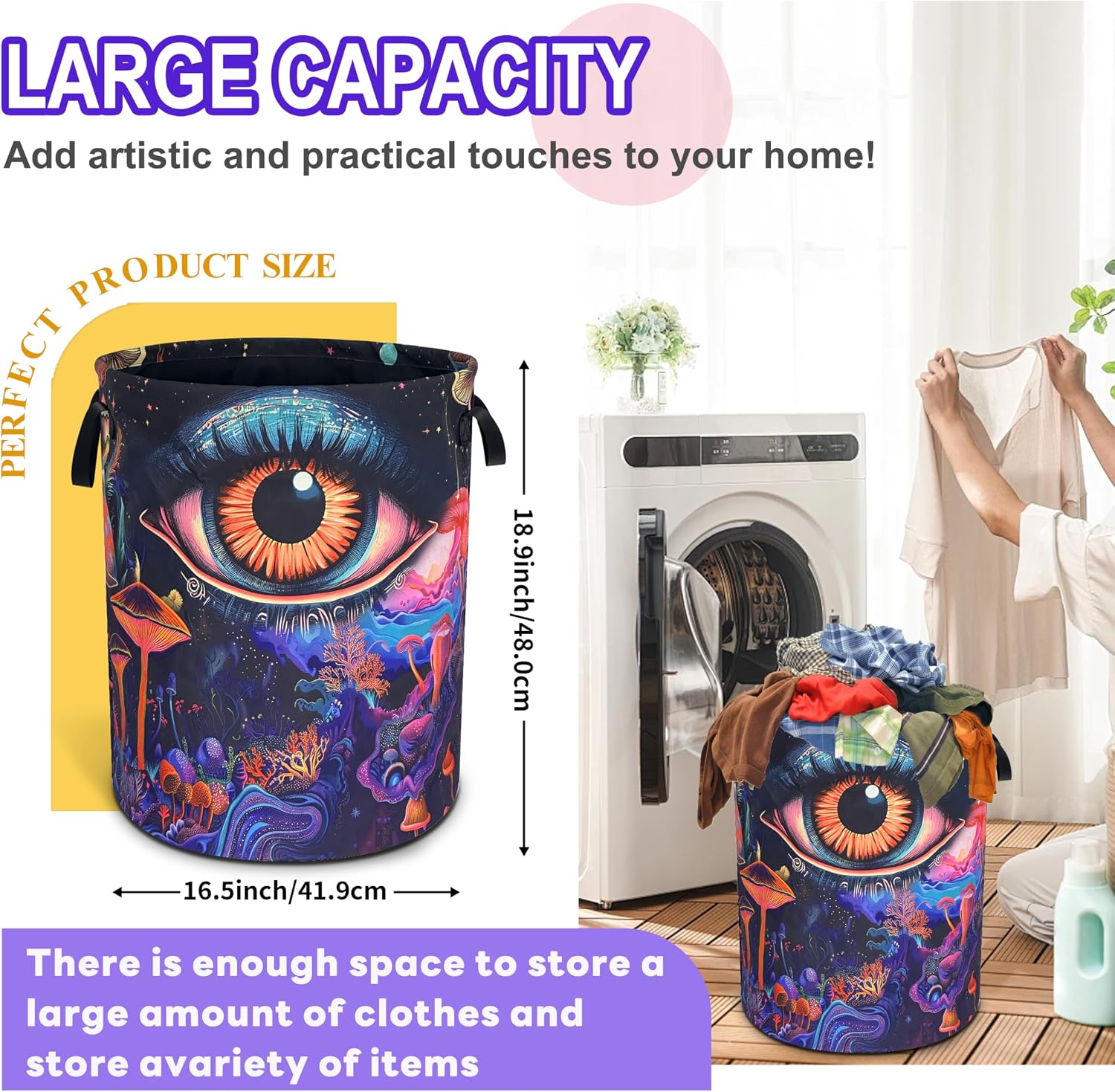 Abstract Eyes Mushrooms Laundry Basket Funny Oxford Cloth Laundry Hamper With Handle Foldable Portable Clothes Storage Basket 18.9 X 16.5 In Storage Bag For Laundry Room/Bathroom/Bedroom/Dormitories