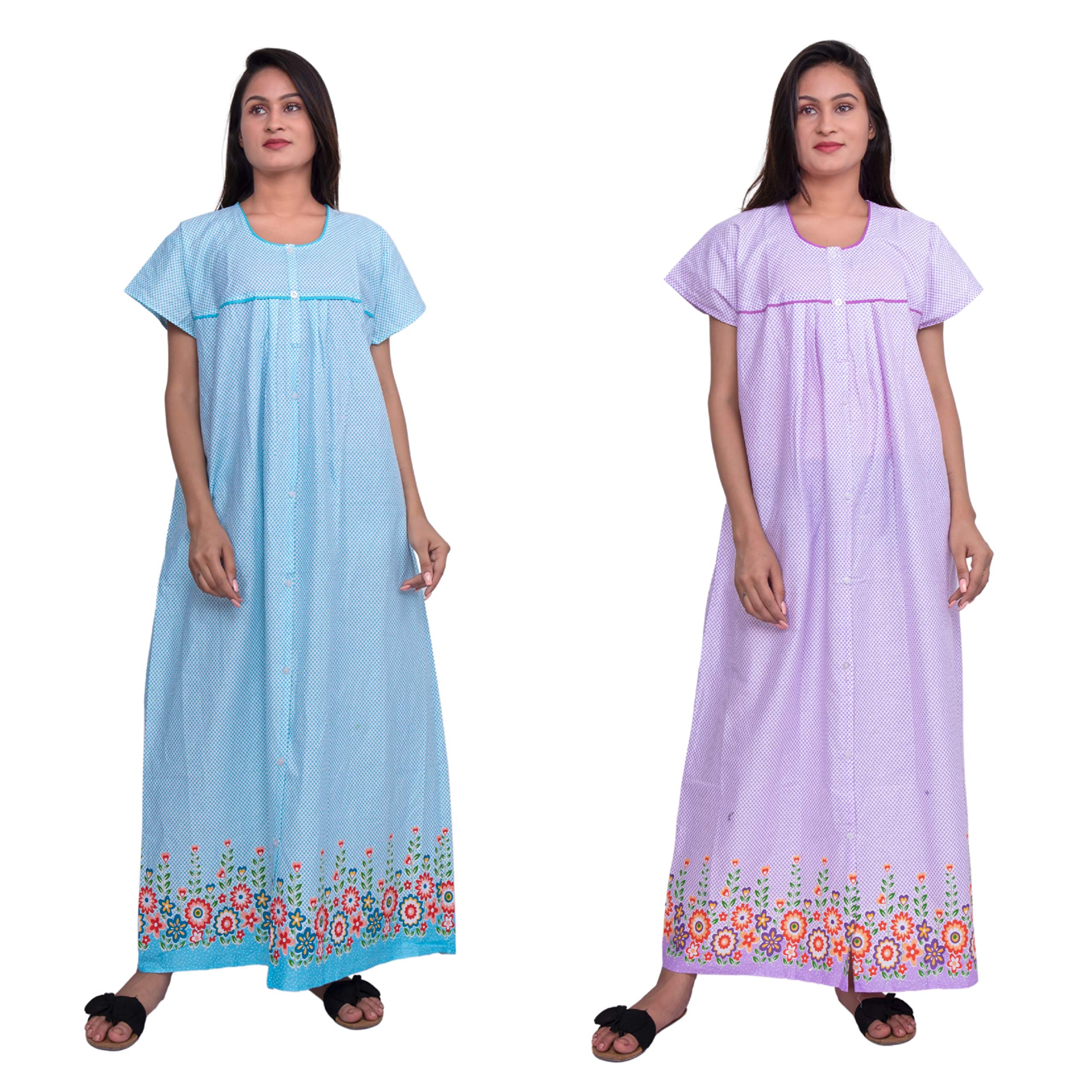 kavya Women's Cotton Plain/Solid Full Button Front Open Nighty (Sky, Purple, Free Size) -Combo Pack of 2 Pieces