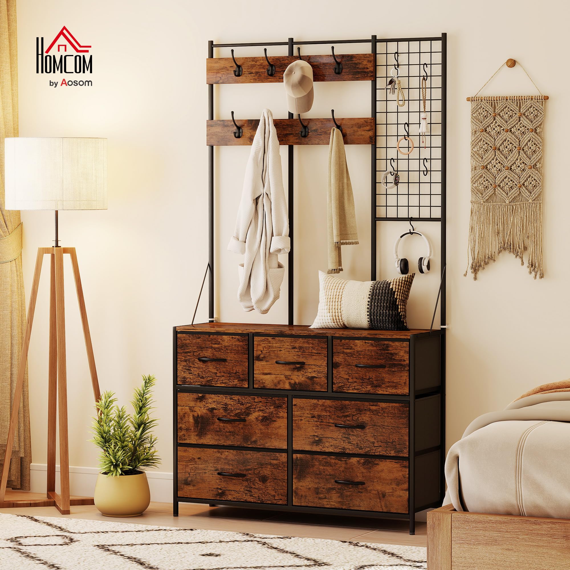 HOMCOM Meuble d'Entrée 4 en 1 Portemanteau Vestiaire Noir Brun Rustique | 7 Tiroirs Pliables en Tissu, 14 Crochets, Style Industriel, pour Couloir Entrée Chambre