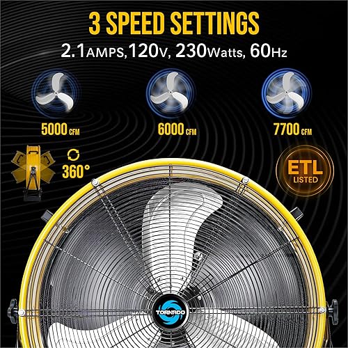 Miniatura 5 de Tornado - Ventilador de tambor metálico de 24" de alta velocidad, 7700 CFM, 3 velocidades, resistente para uso industrial y comercial, motor de 1/3