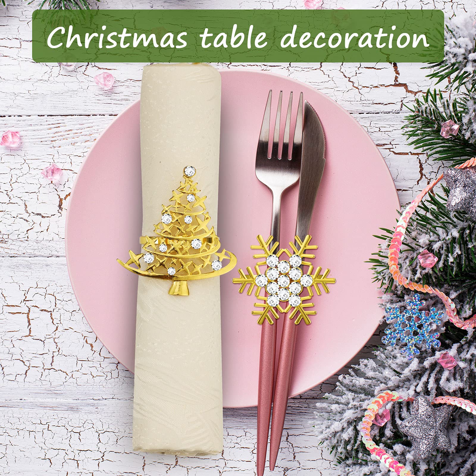 Lot de 24 ronds de serviette de Noël en vrac en forme de flocon de neige et sapin de Noël avec strass pour décoration de table de Noël et de mariage (doré)