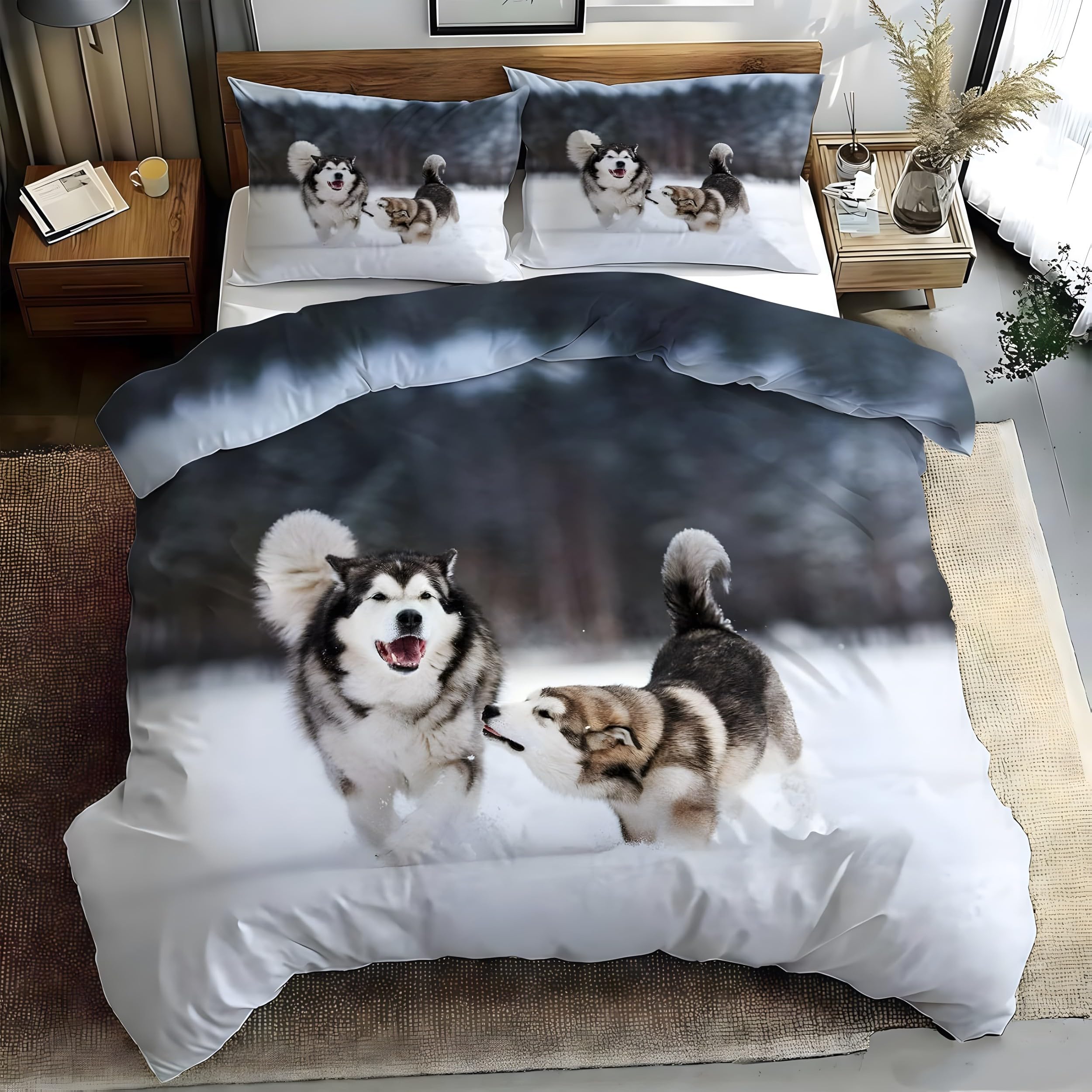 YZQGLHP Husky Super King Duvet Cover Snowy Landscape Bedding Set Soft Cozy Microfibre Duvet Covers 260x220 with Zipper Closure and 2 Pillowcases 50x75cm