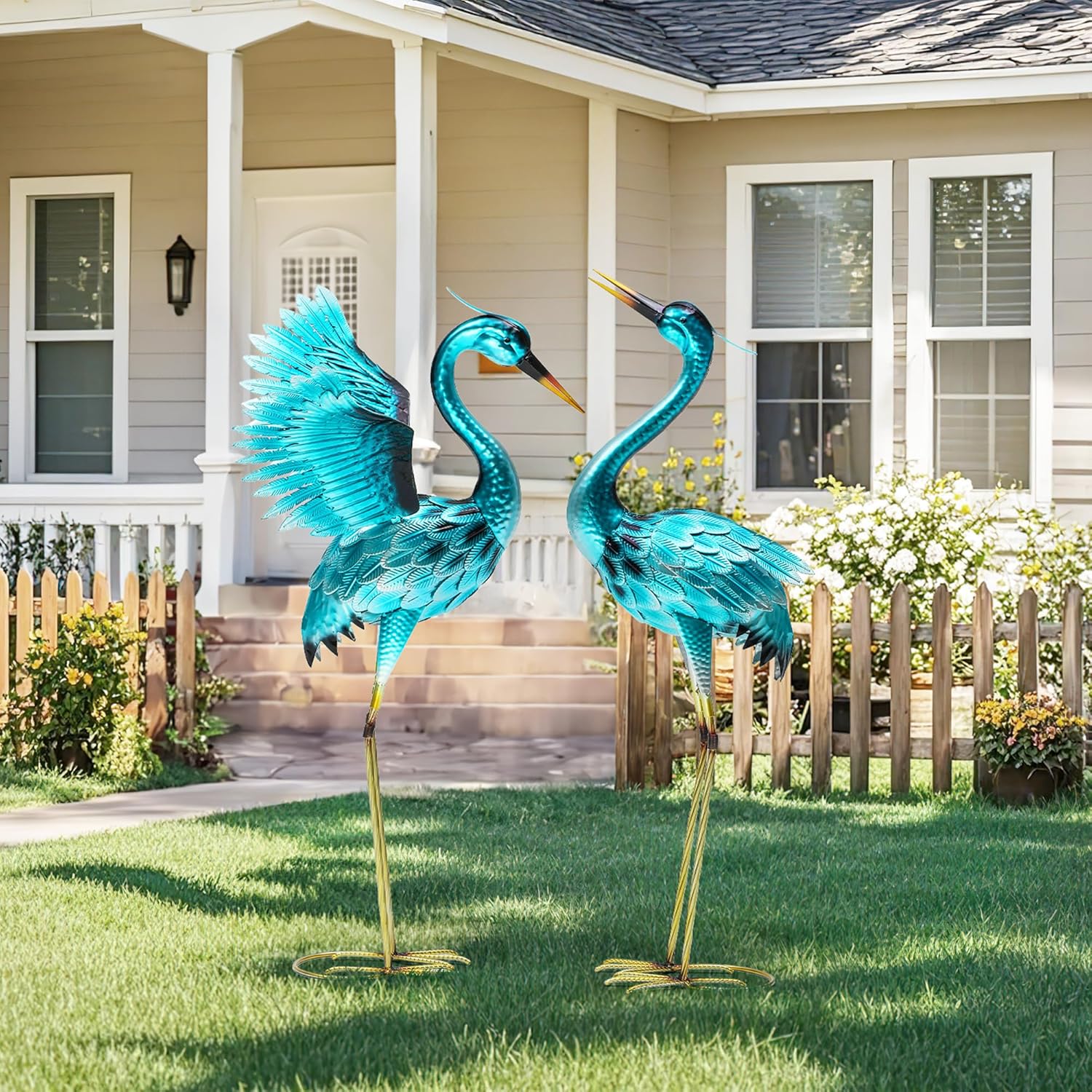 36.75" Metal Crane Garden Statue, Handcrafted Oversized Blue Heron Decor Sculptures with Stable U-Ground Stakes, Backyard Decoration, Metal Garden Bird Animal Yard Art, Lawn Ornament Decor