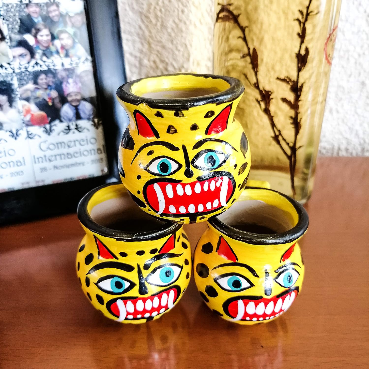 Jacq & Jürgen Set of 6 Mexican Shot Glasses, Handmade Clay Jarritos with Jaguar Design for Tequila and Mezcal