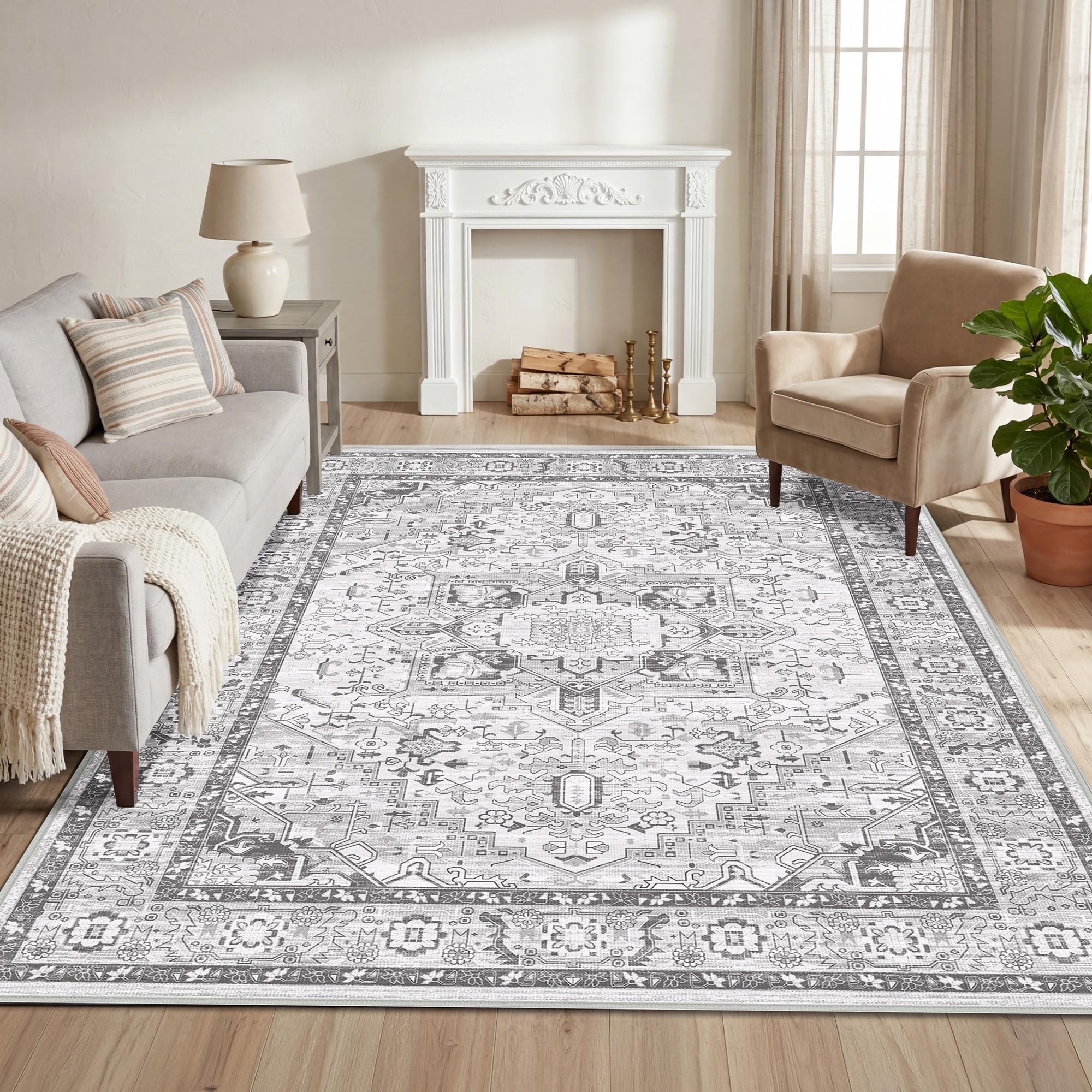Autsel Rugs for Living Room Bedroom 160x230cm, Large Machine Washable Area Rugs Non-slip, Vintage Boho Rugs, Soft Short Pile Carpet, Grey Runner Rugs for Hallway, Carpet for Kitchen, Office