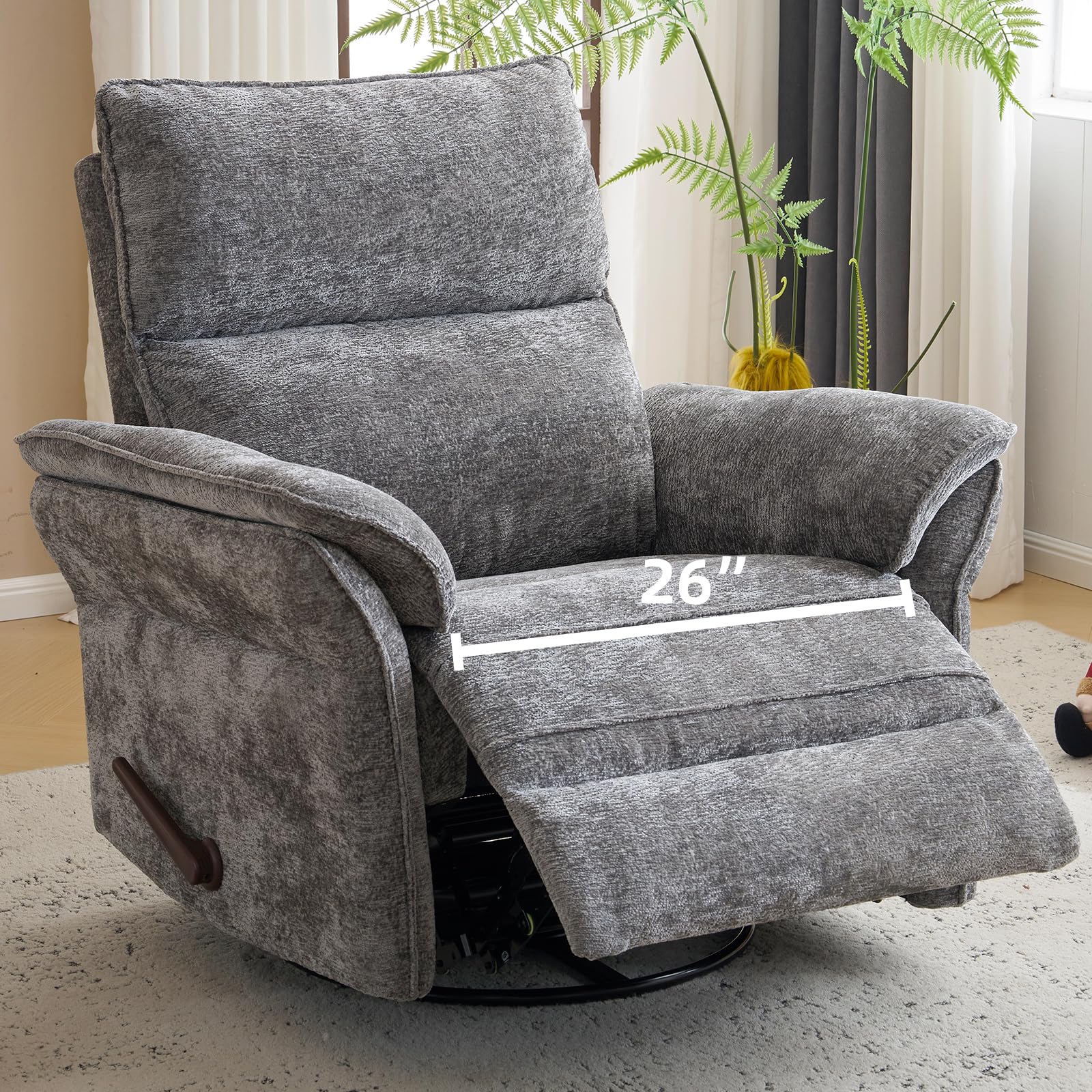 Oversized Glider Rocker Recliner, 26" Extra Wide 360° Swivel Nursery Recliner with Adjustable Headrest, Chenille Rocking Nursery Chair with Overstuffed Armrest, Lumbar Support, Dark Grey