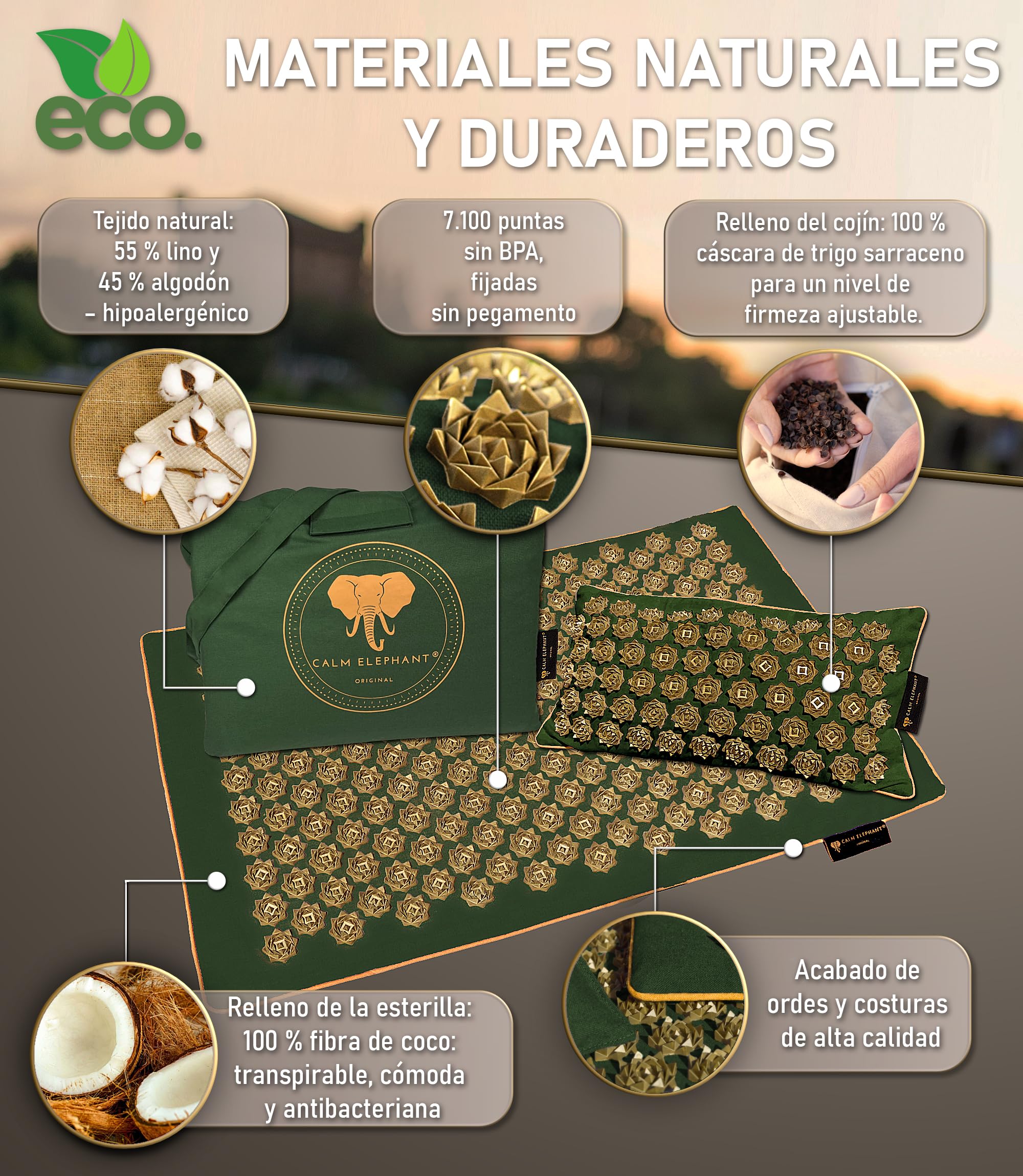 CALM ELEPHANT ORIGINAL® Esterilla de Acupresión de Lujo con Cojín XL Set PURE ECO, Esterilla de Pinchos Espalda, Libera Tensiones, Cojín con Calor y Bolsa, Natural y Sostenible - Verde