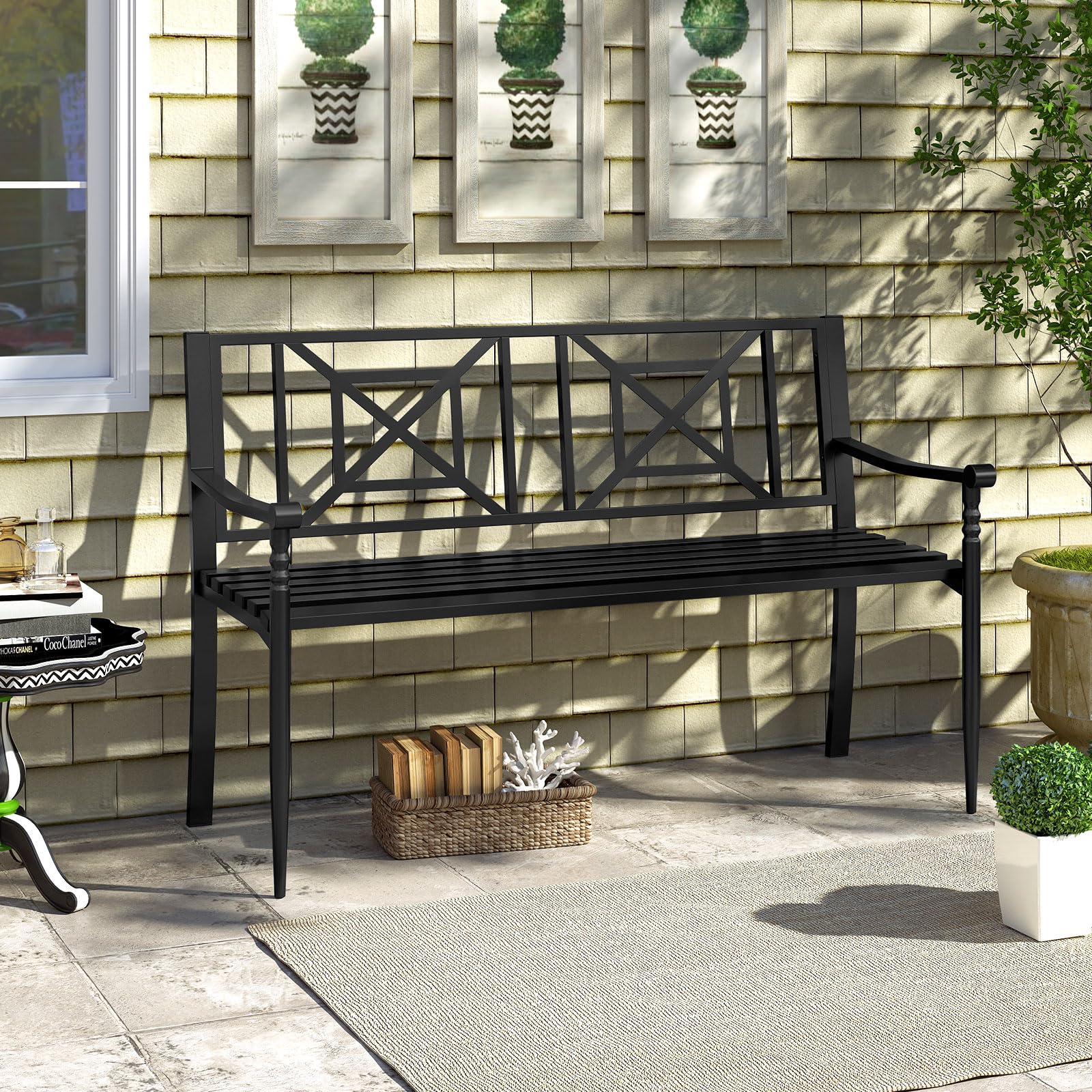 Banc De Jardin Métal 2-3 Personnes - Dossier Incliné Et Accoudoirs - Charge Max 300 Kg - Noir - Dimensions 127x59x85.5 Cm - Pour Terrasse, Balcon, Parc