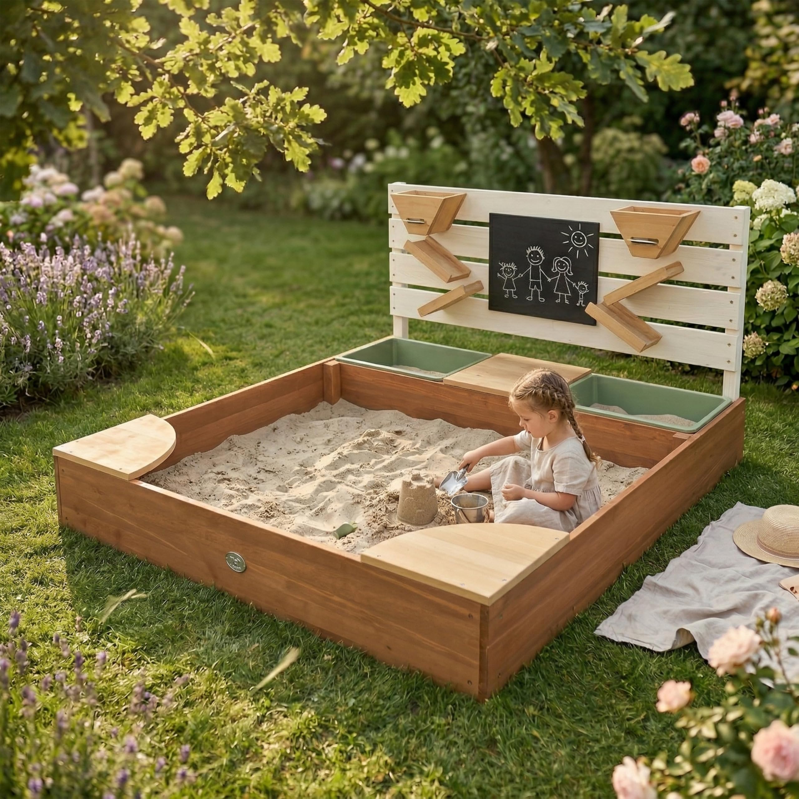 AXI Cato Sandkasten aus Holz mit Behältern für z.B Wasser, Stauraum, Kreidetafel & Spielwand - Beige und Braun | Sandkasten inklusive Trichter | Mit Plane & Bodentuch | 105x100x58,5 cm