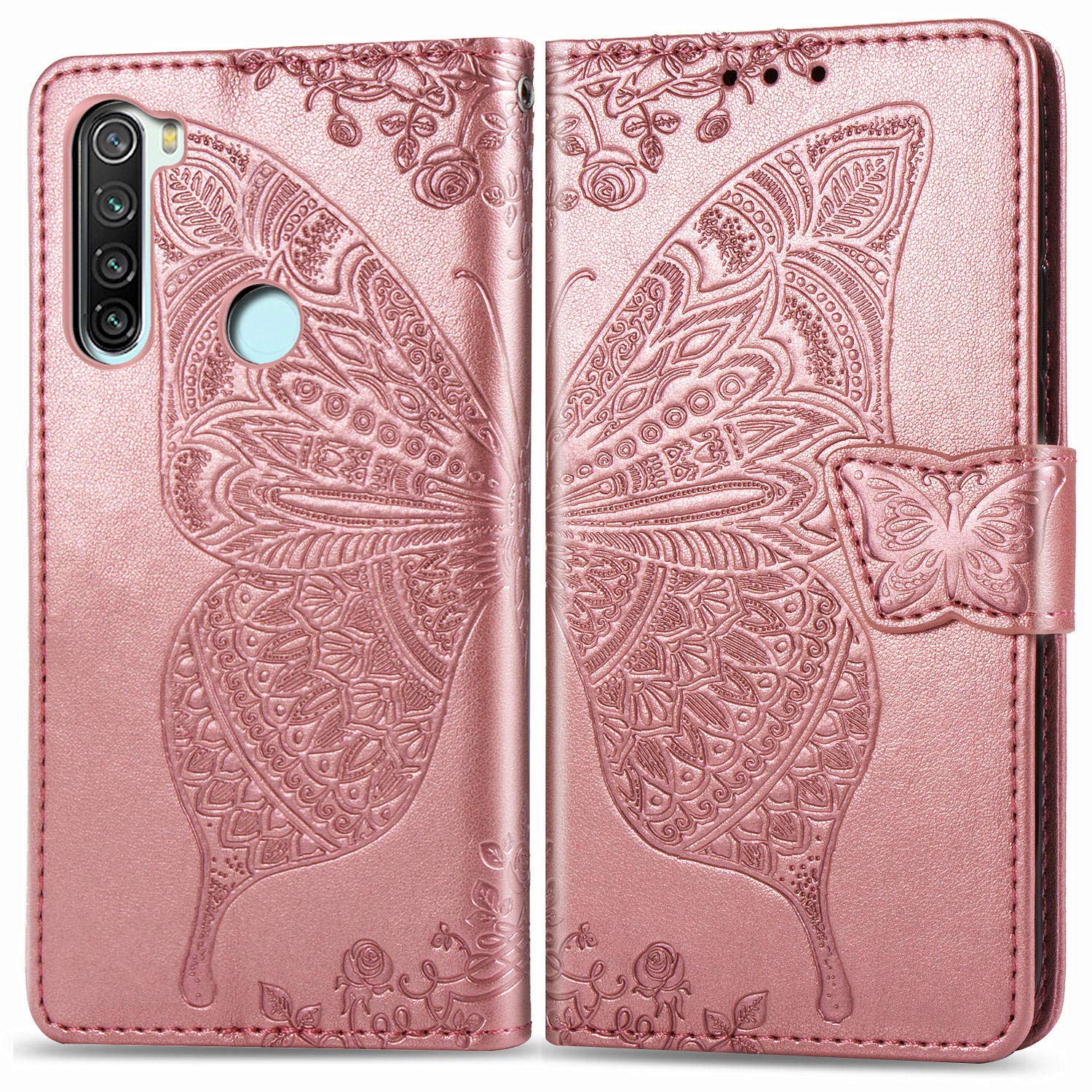 Custodia Portafoglio Per Xiaomi Redmi Note 8T, Cover Con Fiori E Farfalle In Rilievo 3D, Slot Porta Carte E Contanti, Funzione Stand, Grigio