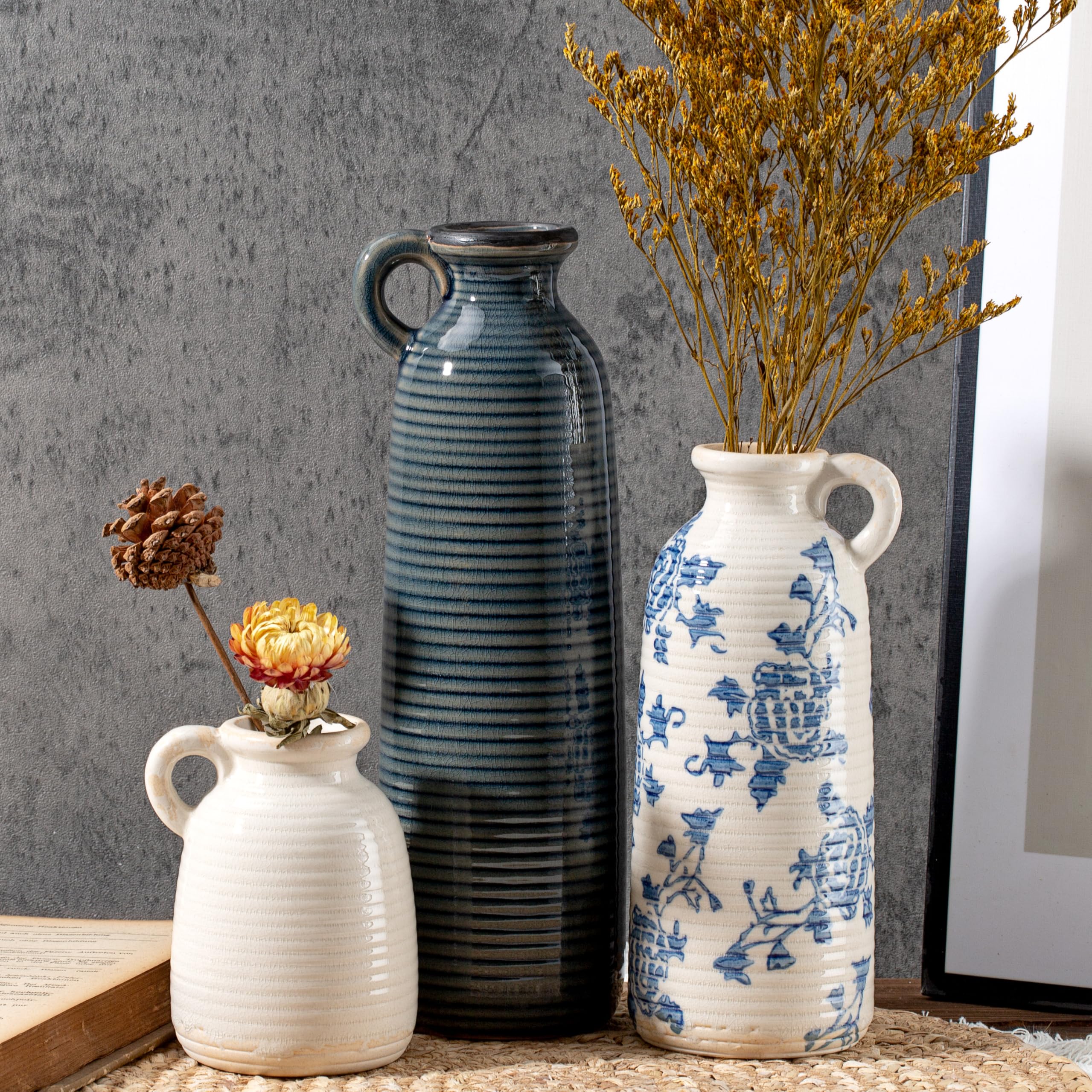 Sawoake Ceramic Vase Set of 3 with Handles, Blue White Neutral Rustic Modern Farmhouse Boho Decor, Versatile as Table Centerpiece or Mantel - Unique Home Gift Idea
